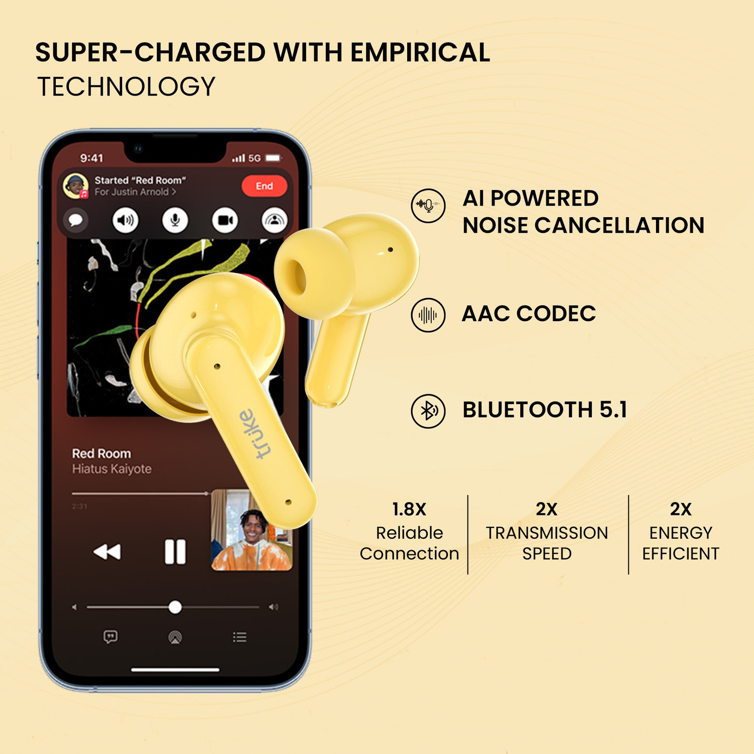 Image of truke Air Buds Lite with Quad Mic ENC, 10mm Driver, Ear Sensor, 48Hours Playtime Bluetooth Gaming (Yellow, True Wireless)