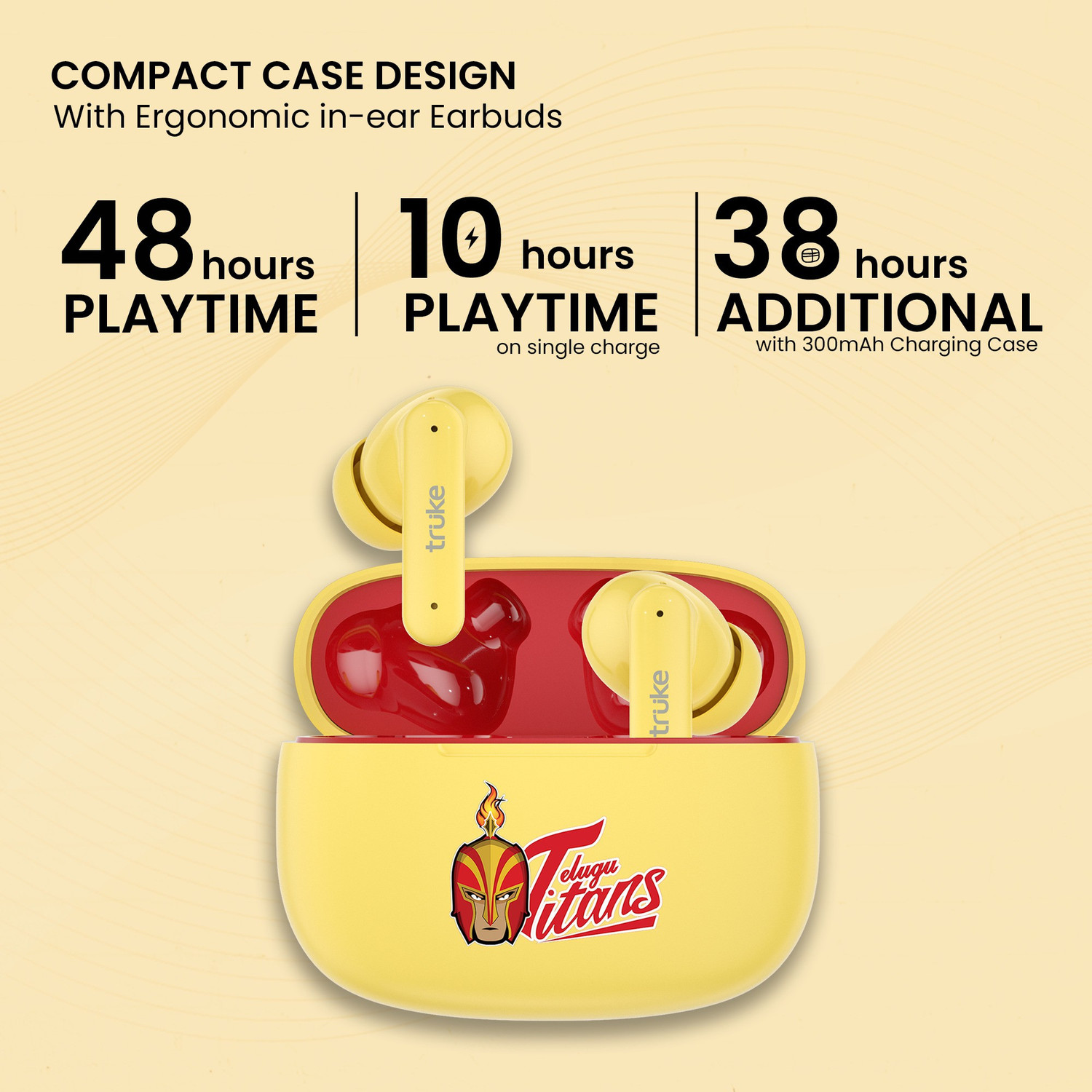 Image of truke Air Buds Lite with Quad Mic ENC, 10mm Driver, Ear Sensor, 48Hours Playtime Bluetooth Gaming (Yellow, True Wireless)