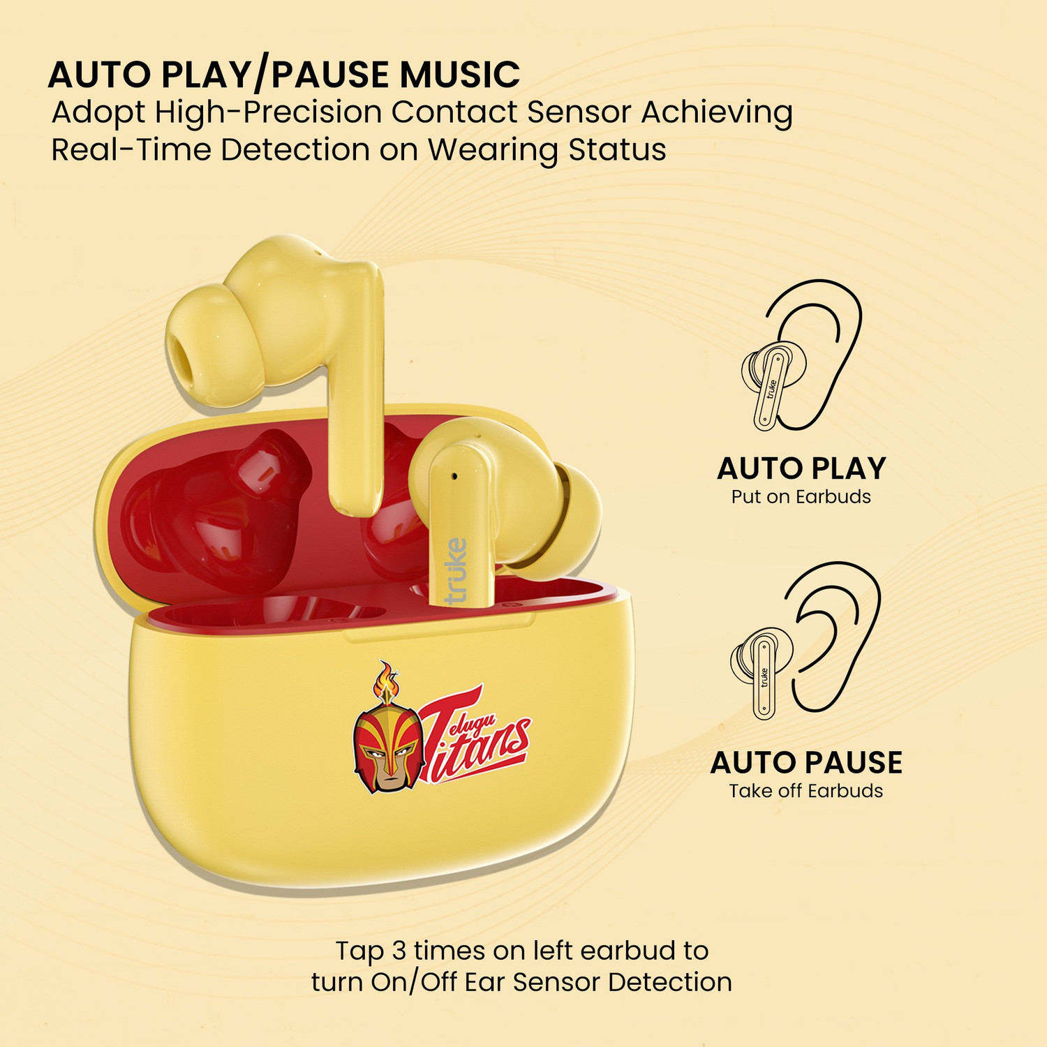 Image of truke Air Buds Lite with Quad Mic ENC, 10mm Driver, Ear Sensor, 48Hours Playtime Bluetooth Gaming (Yellow, True Wireless)