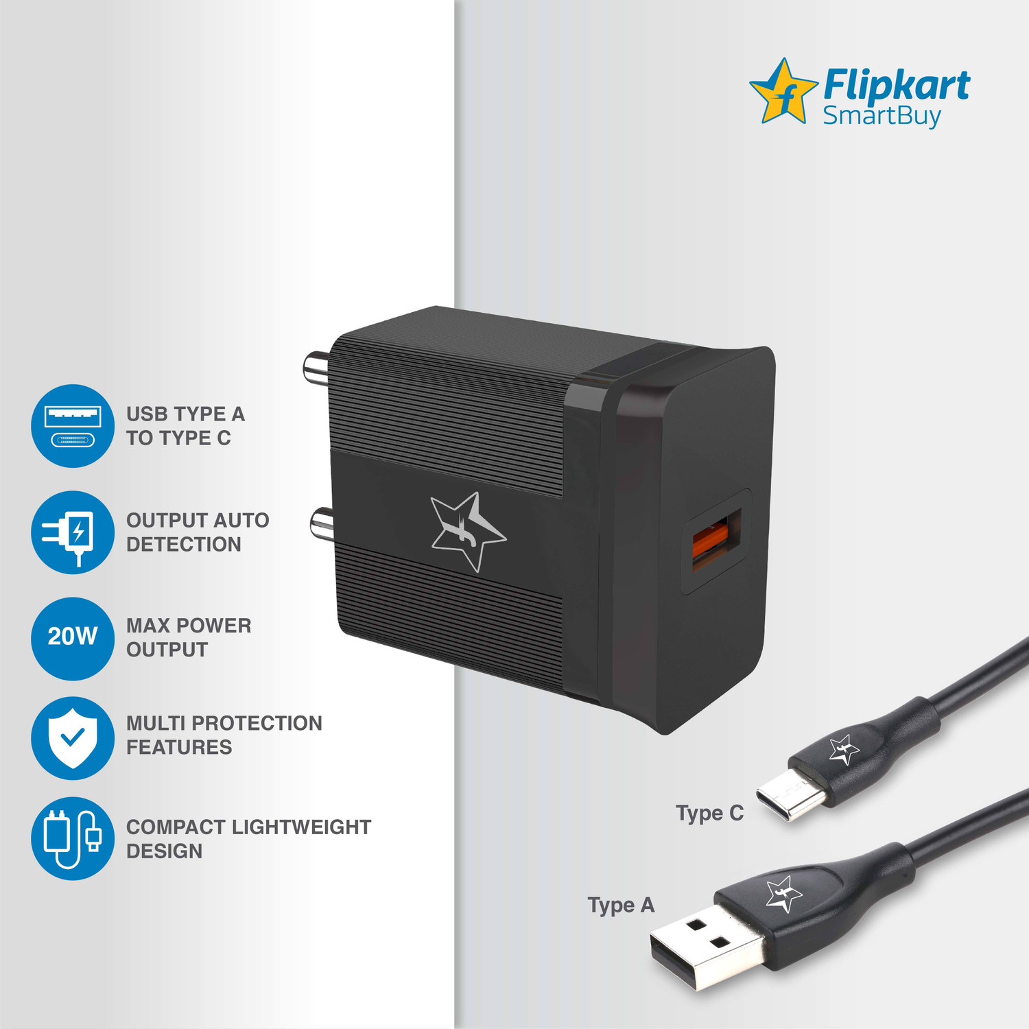 Image of Flipkart SmartBuy 20 W Supercharge 3 A Wall Charger for Mobile with Detachable Cable