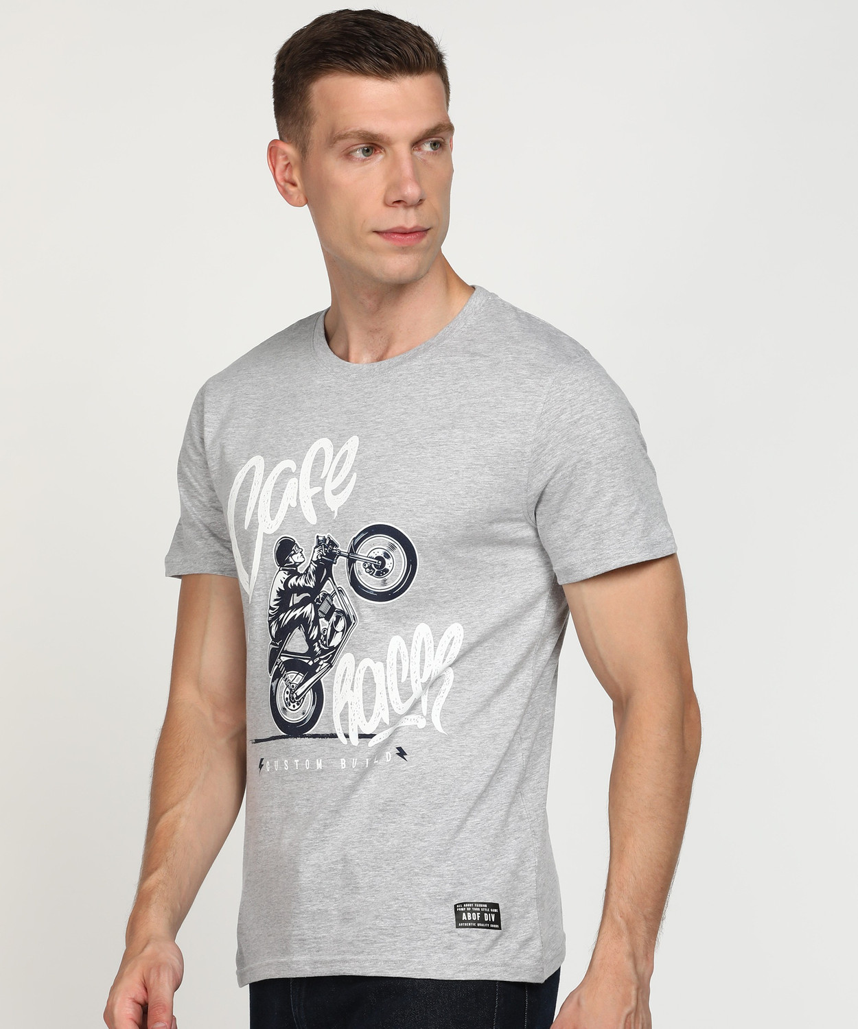 Image of Aditya Birla - abof Printed Men Round Neck Grey T-Shirt