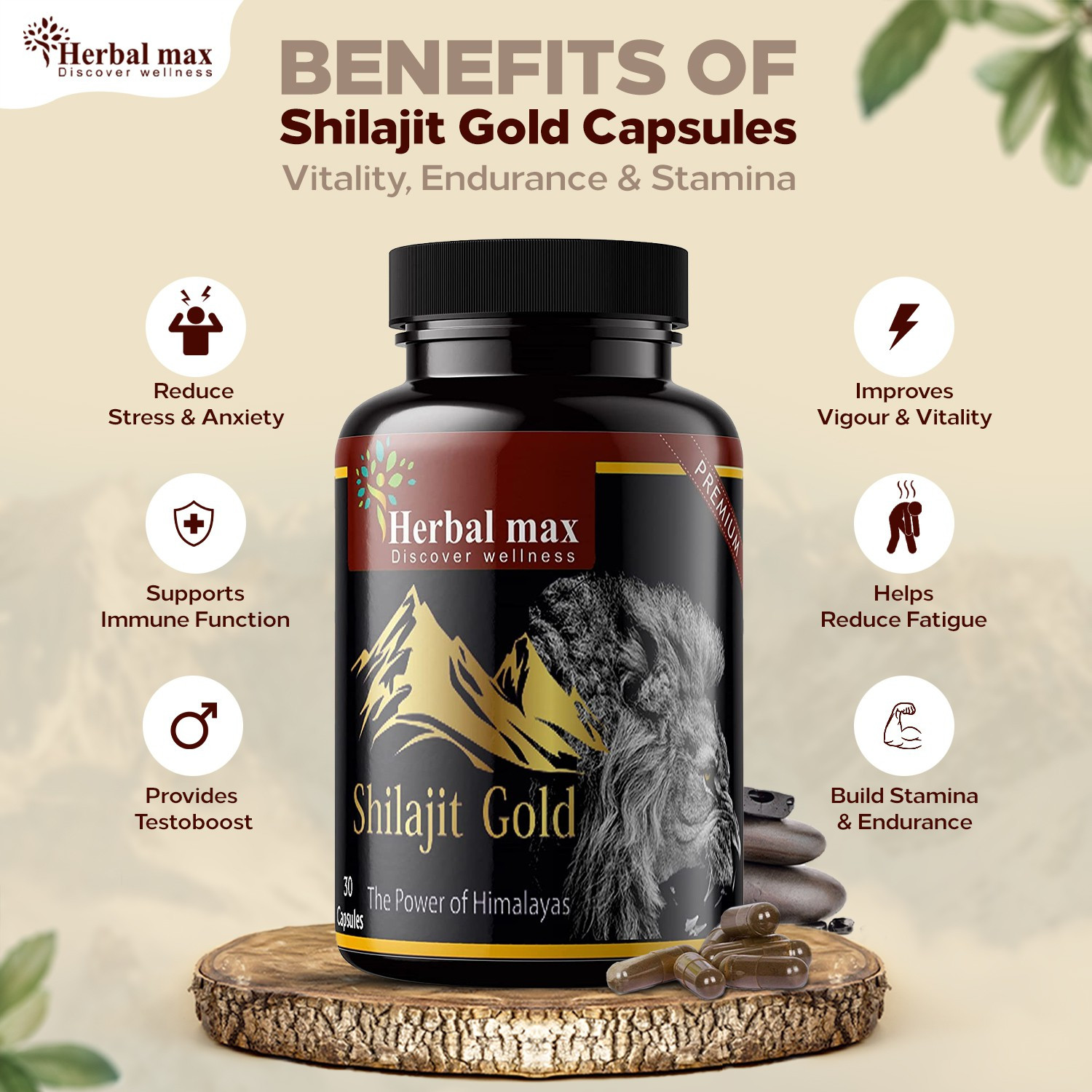Image of Herbal max Shilajit Gold with Safed Mulsi For Strength, Power & Stamina - 30 Capsule