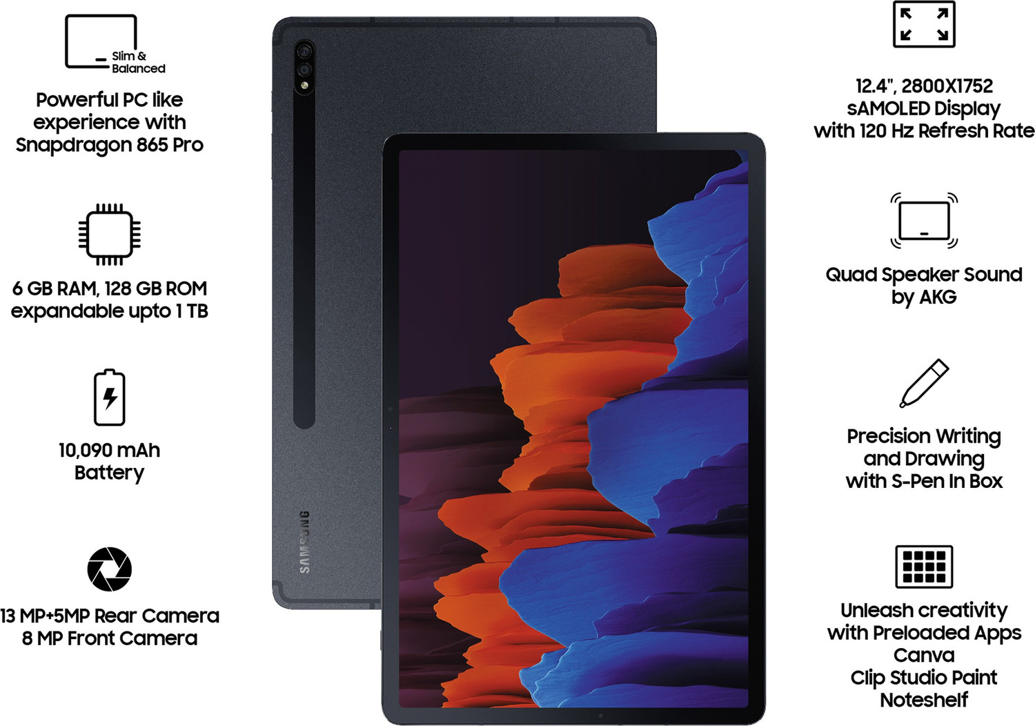 Image of Samsung Galaxy Tab S7+ With Stylus 6 GB RAM 128 GB ROM 12.4 inch with Wi-Fi Only Qualcomm Snapdragon 865 Plus Tablet (Mystic Black)