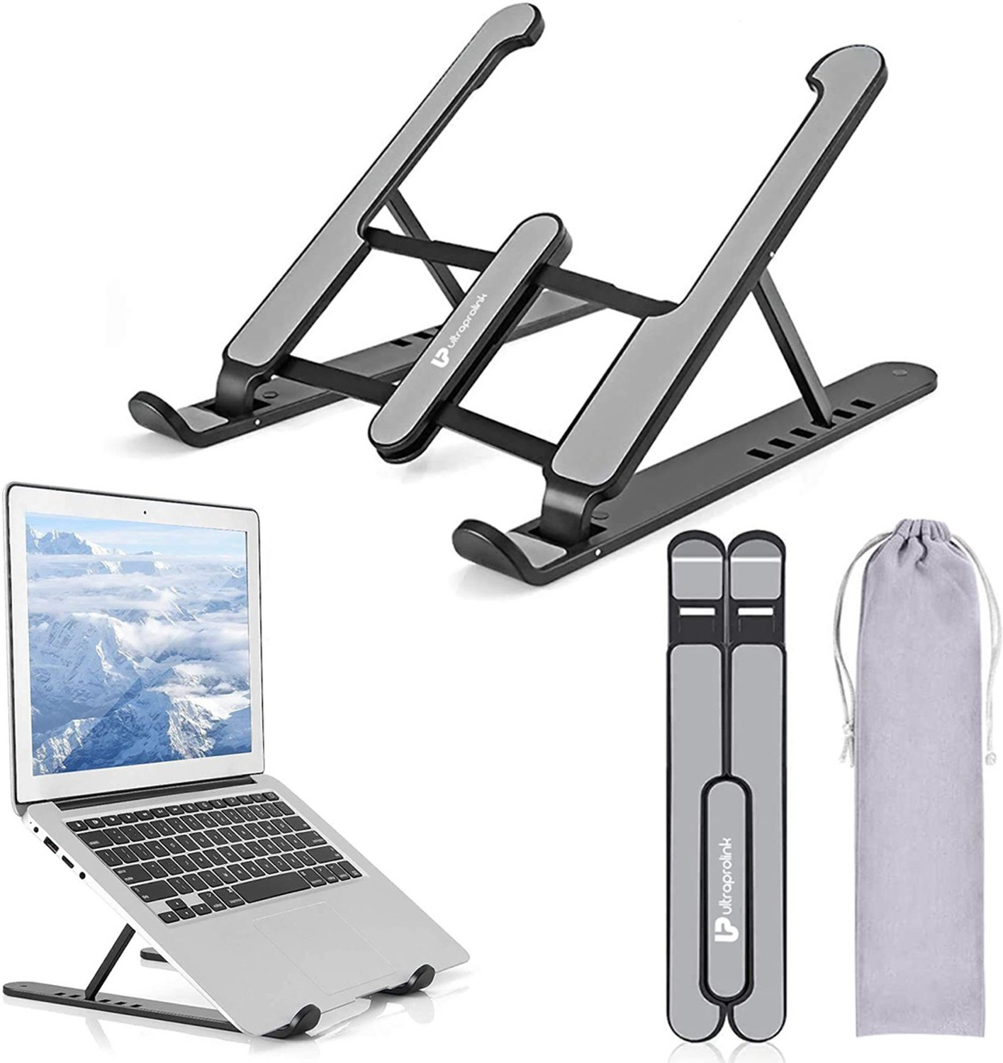 Image of FULKIZA Laptop Stand, 7 Adjustable Height Angles, Plastic , Ergonomic & Sturdy Design Laptop Stand, 6 Levels Adjustable Laptop Riser, Ventilated Aluminum Aluminium Floor and Desk Stand Laptop Stand with Adjustable Height Compatible with 26 - 35 cm Laptops (Silver)