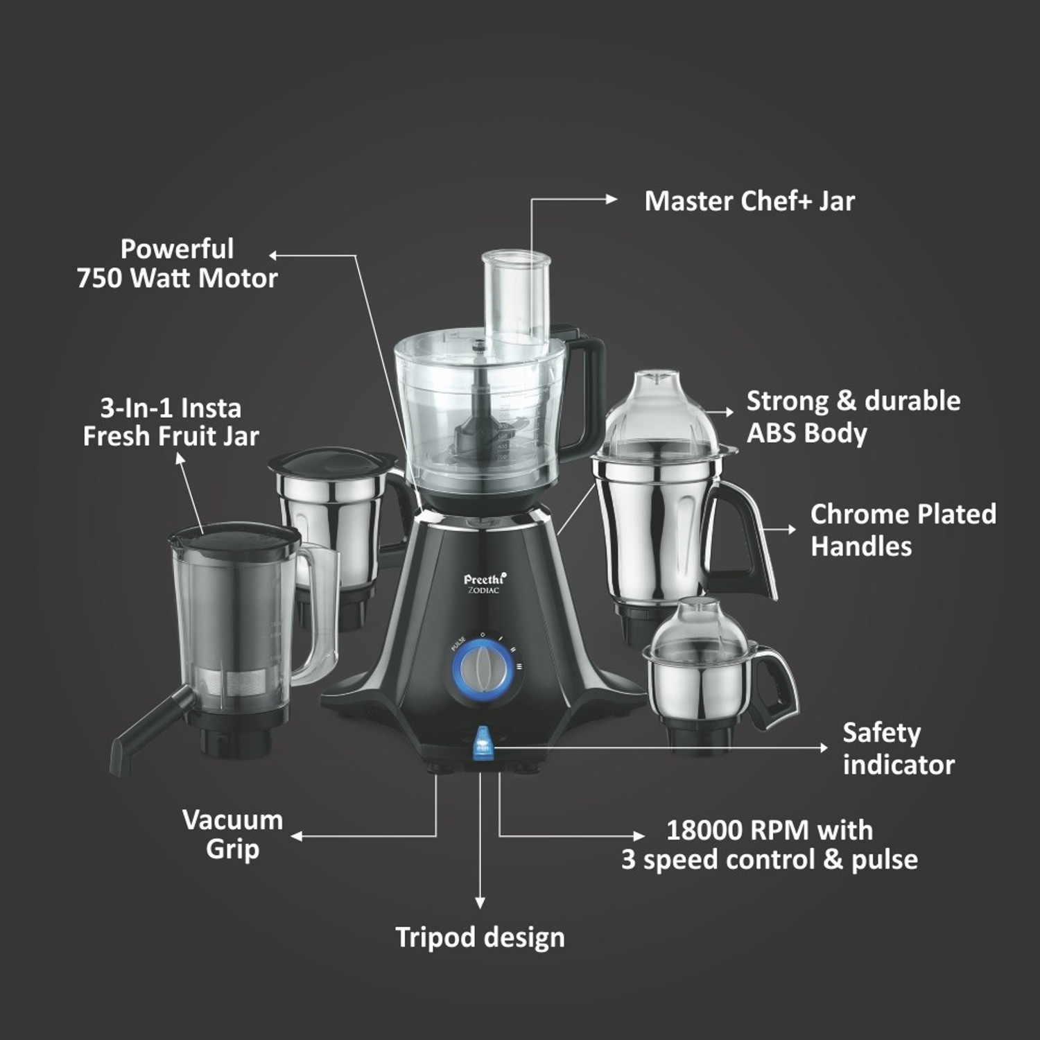 Preethi MG218 Zodiac 750 Juicer Mixer Grinder (5 Jars, Black /Light