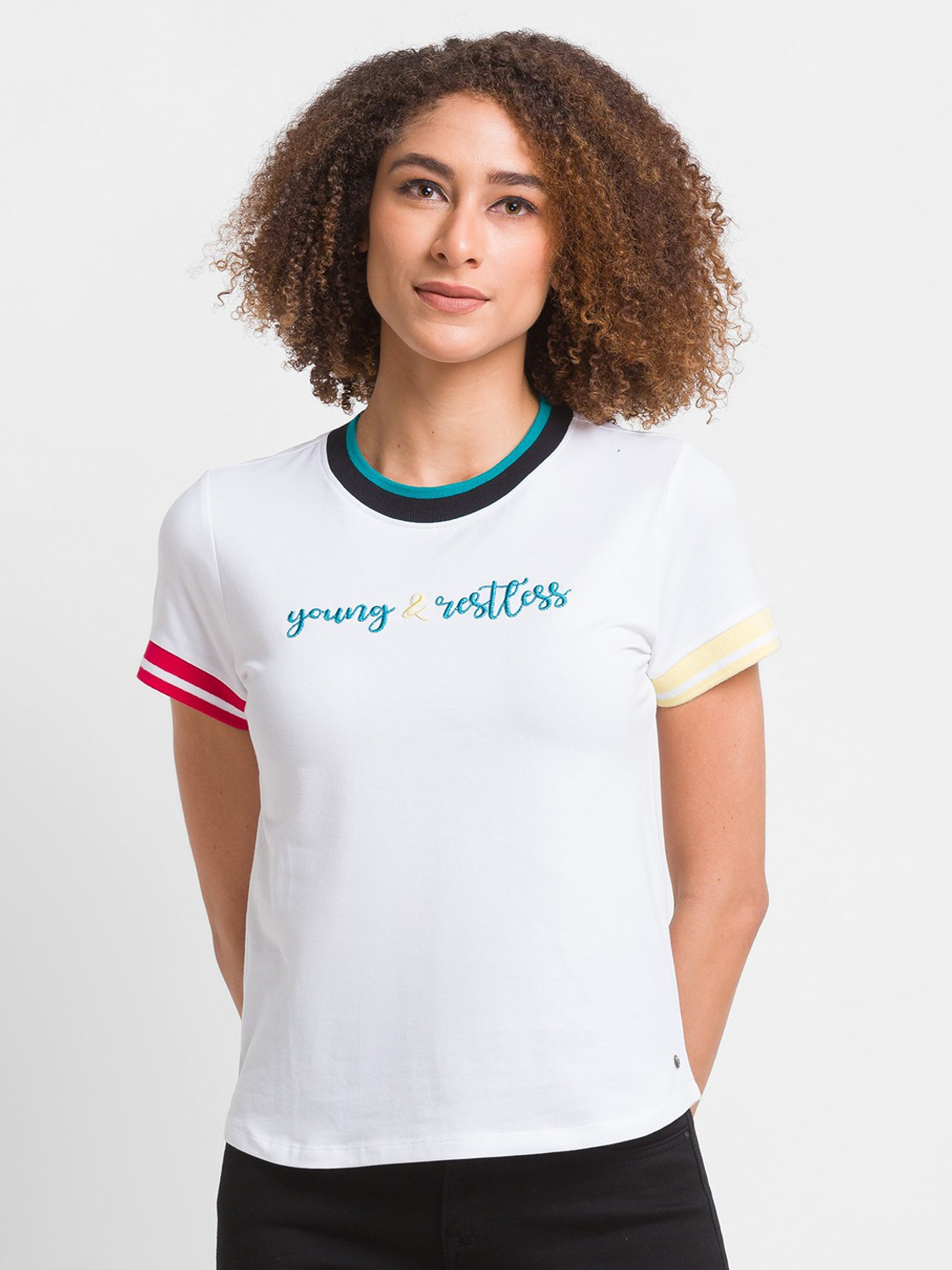 Spykar Colorblock Women Round Neck White T Shirt Price History