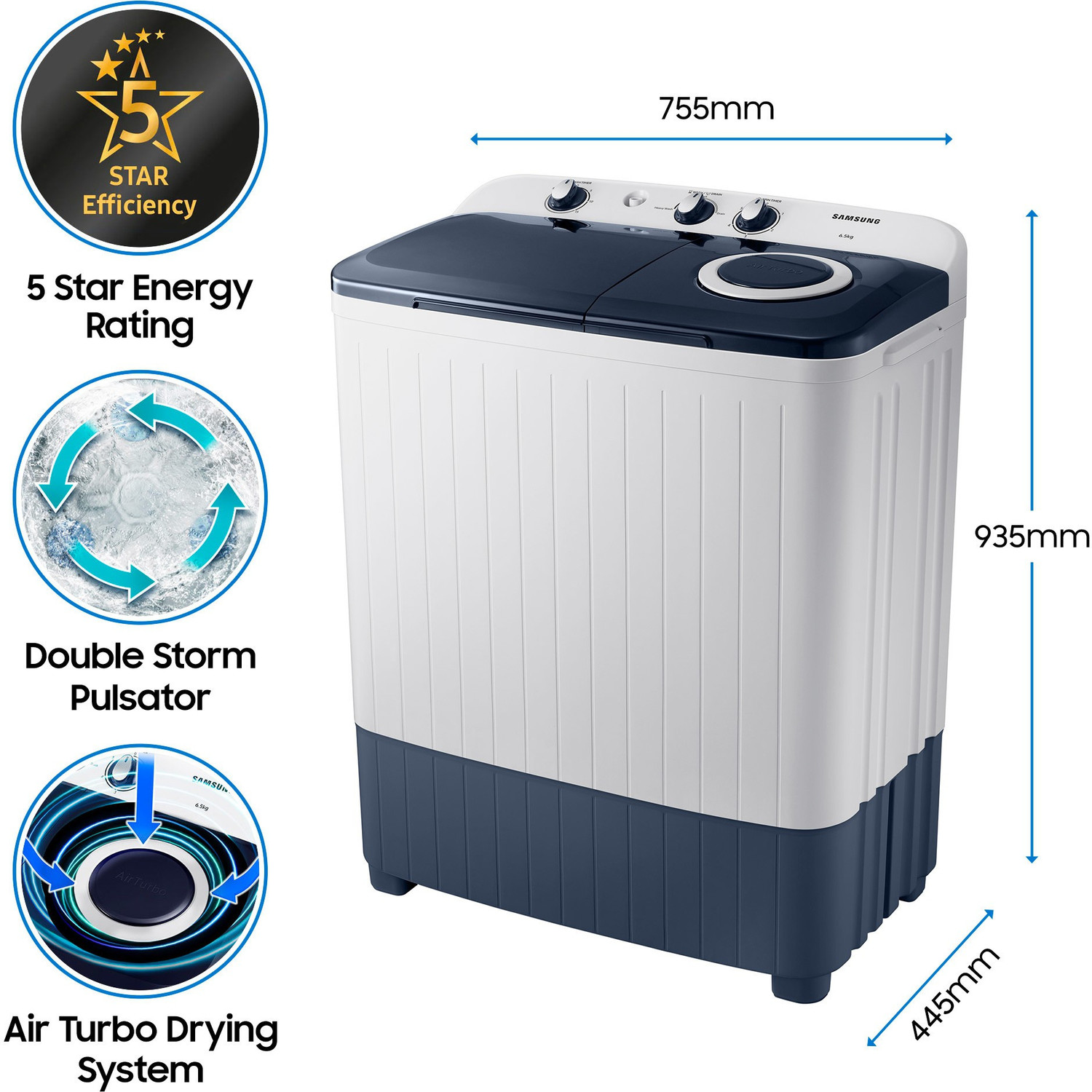 Image of Samsung 6.5 kg 5 star, Air Turbo Drying Semi Automatic Top Load Washing Machine Blue, Grey