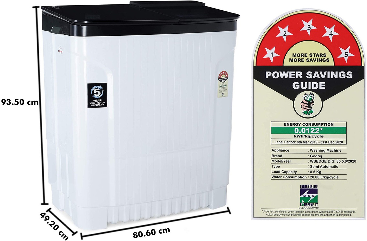 Image of Godrej 8 kg 5 Star with Tri- Roto Scrub Pulsator Washing Machine Semi Automatic Top Load Black, White