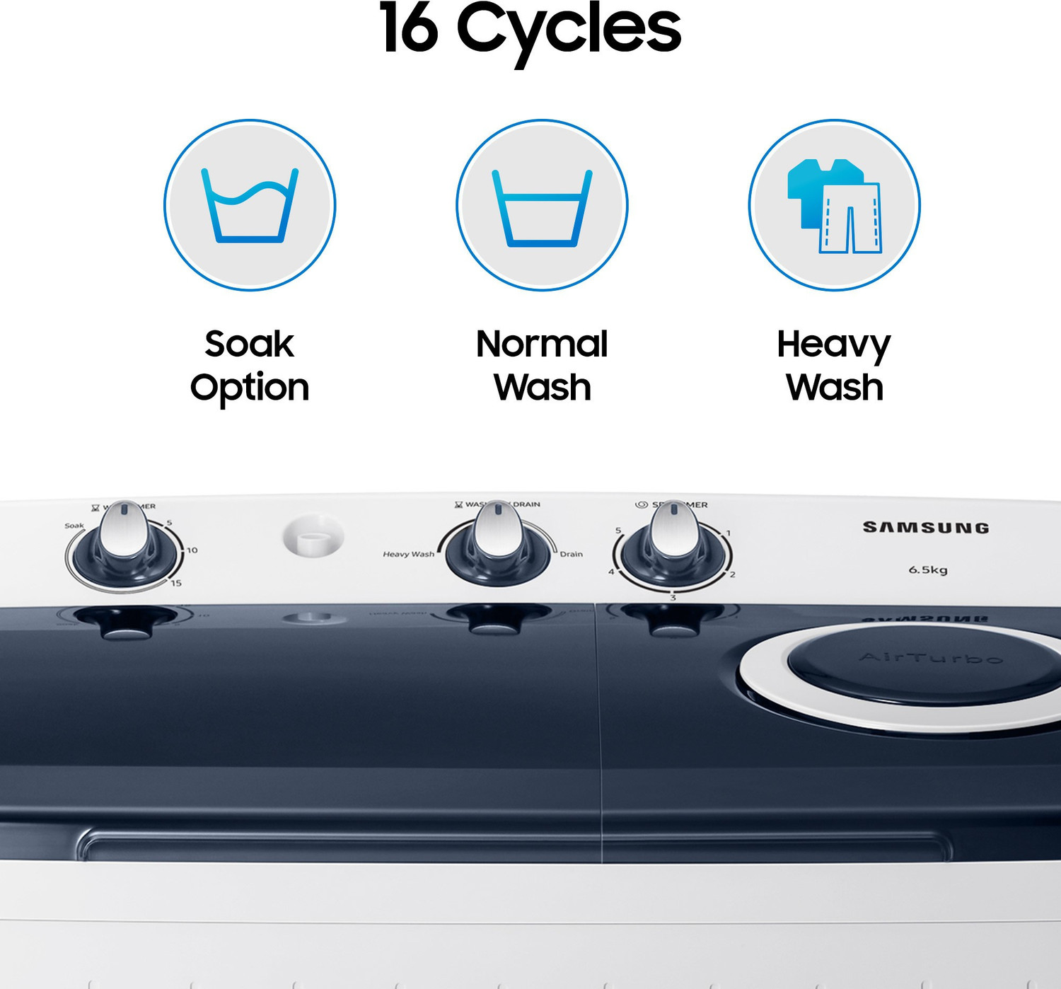 Image of Samsung 6.5 kg 5 star, Air Turbo Drying Semi Automatic Top Load Washing Machine Blue, Grey