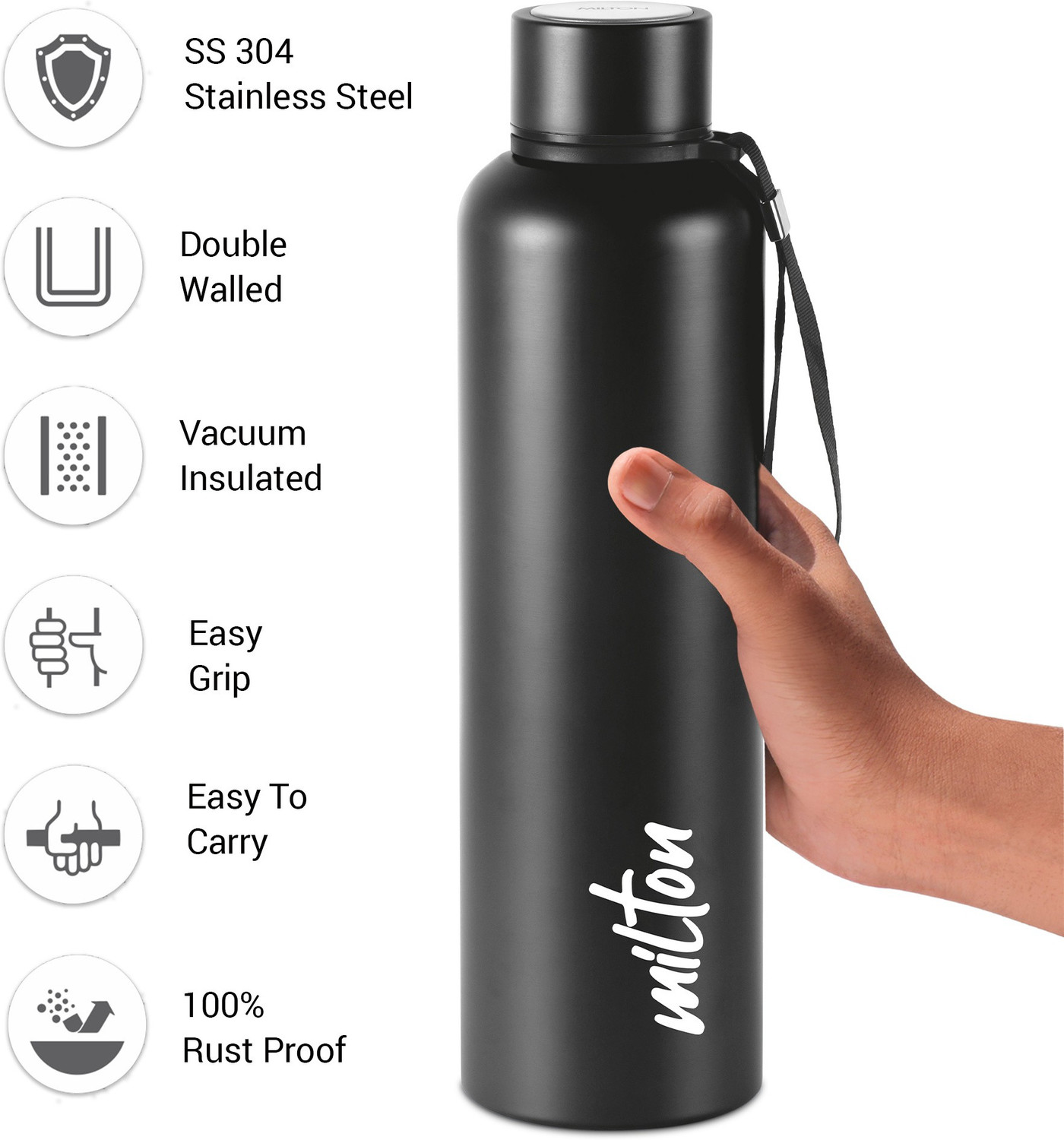 Image of MILTON Aura 1000 Thermosteel Water Bottle, ISI Certified, 24 Hr Hot and Cold 1 L Steel Flask