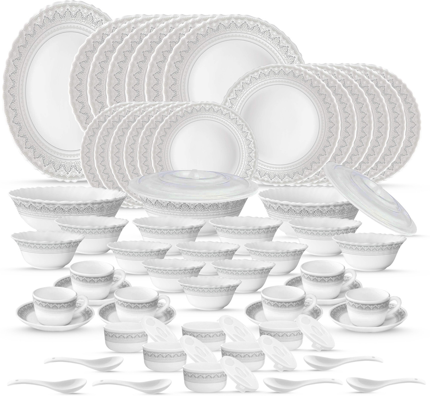 Image of BOROSIL Pack of 66 Opalware Bridal set Premium Quality made in India 100% Bone ash free Classic Dinner Set (Grey, Microwave Safe)