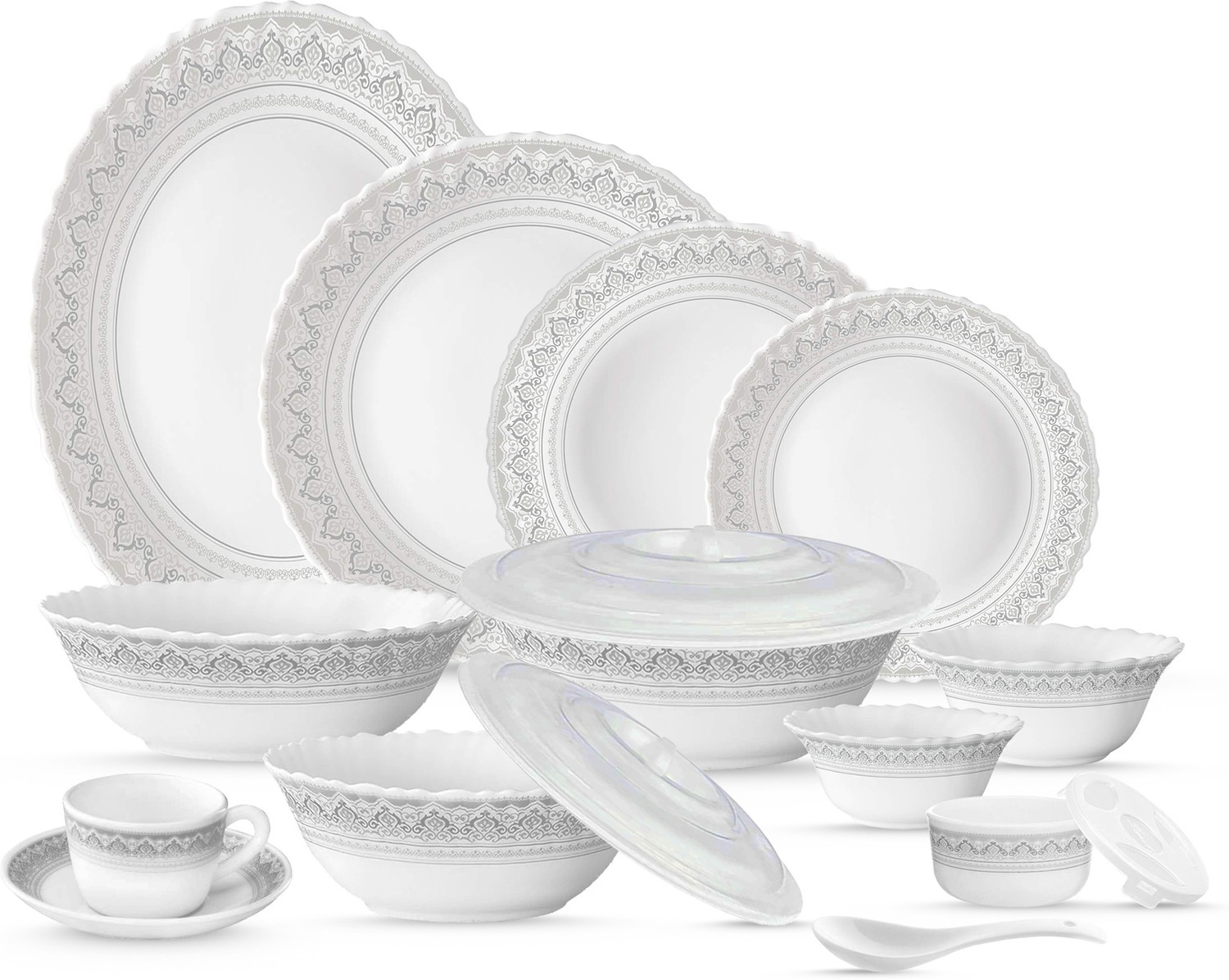 Image of BOROSIL Pack of 66 Opalware Bridal set Premium Quality made in India 100% Bone ash free Classic Dinner Set (Grey, Microwave Safe)