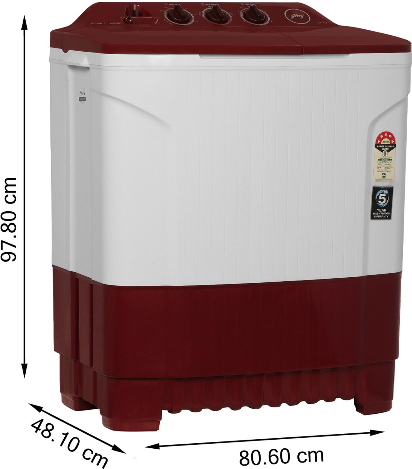 Image of Godrej 8 kg 5 Star with Huricane dry spin Washing Machine Semi Automatic Top Load Red, White