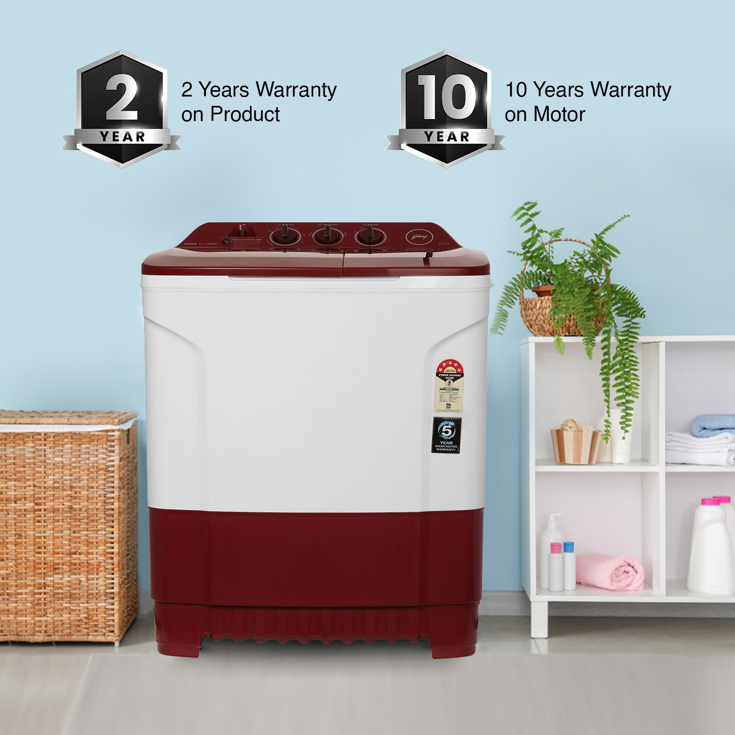Image of Godrej 8 kg 5 Star with Huricane dry spin Washing Machine Semi Automatic Top Load Red, White