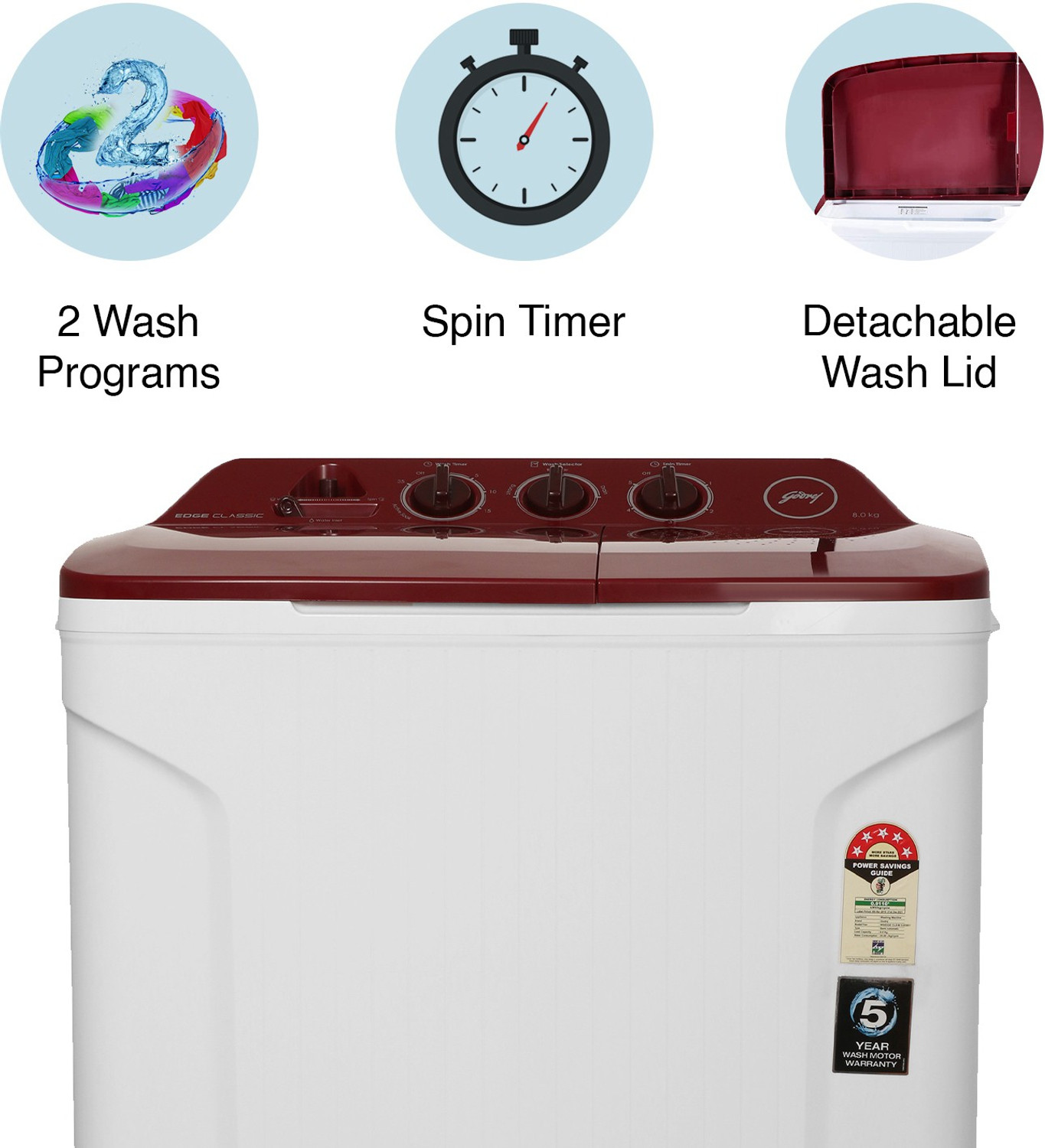 Image of Godrej 8 kg 5 Star with Huricane dry spin Washing Machine Semi Automatic Top Load Red, White