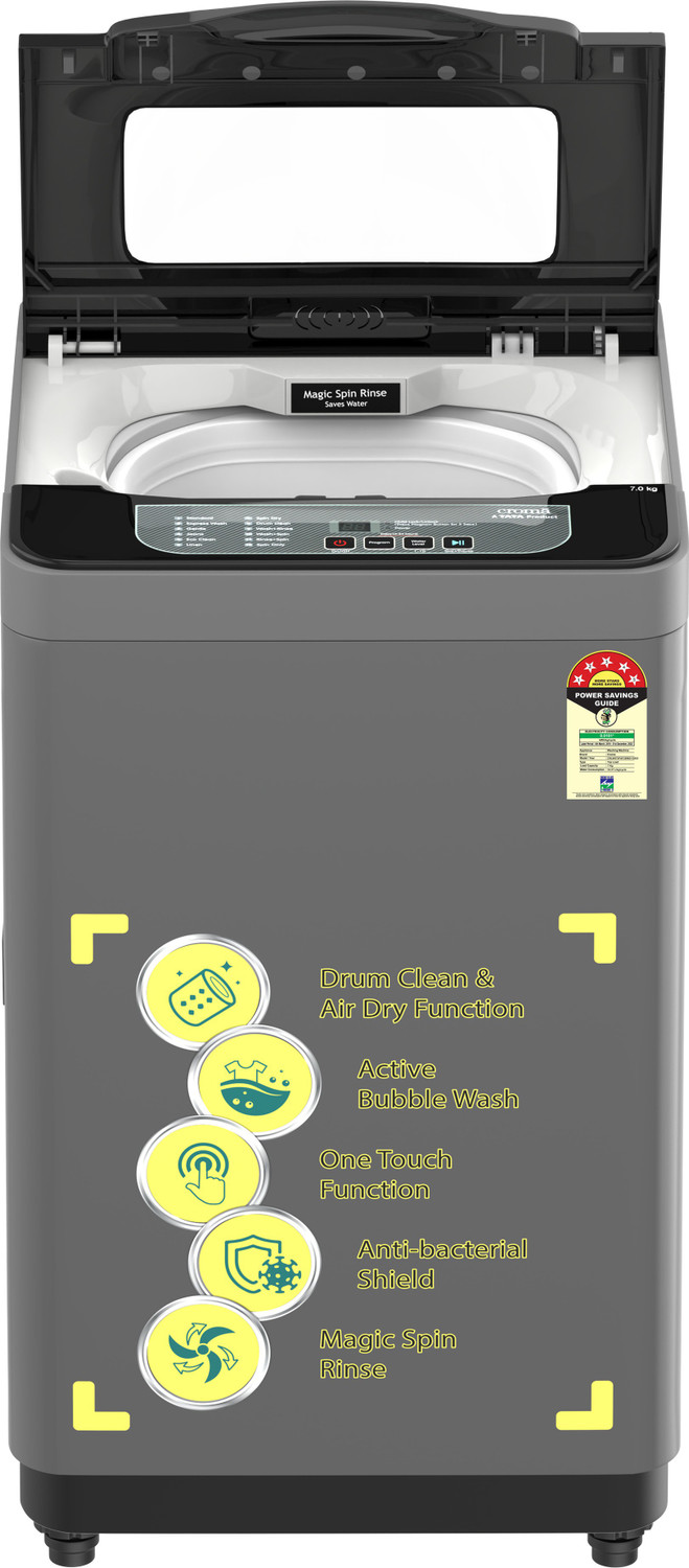 Image of Croma 7 kg Fully Automatic Top Load Washing Machine Black, Grey