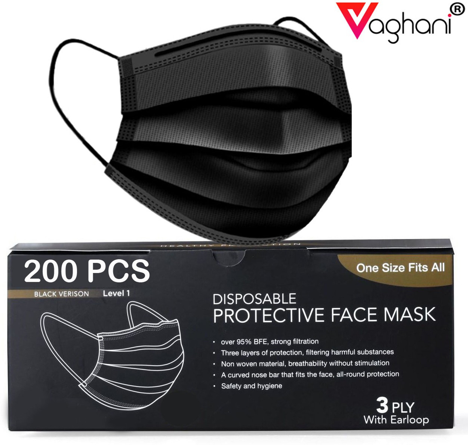 Vaghani 200 Black Units With Nose Pin Disposable Iso Mark 3 Ply Pharma