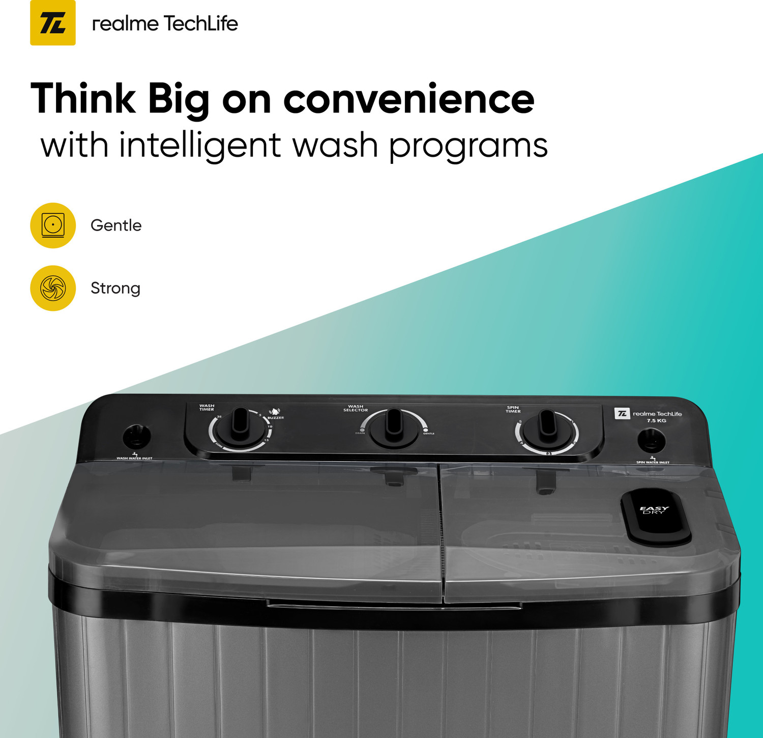 Image of realme TechLife 7.5 kg 5 Star Rating Semi Automatic Top Load Washing Machine Black, Grey