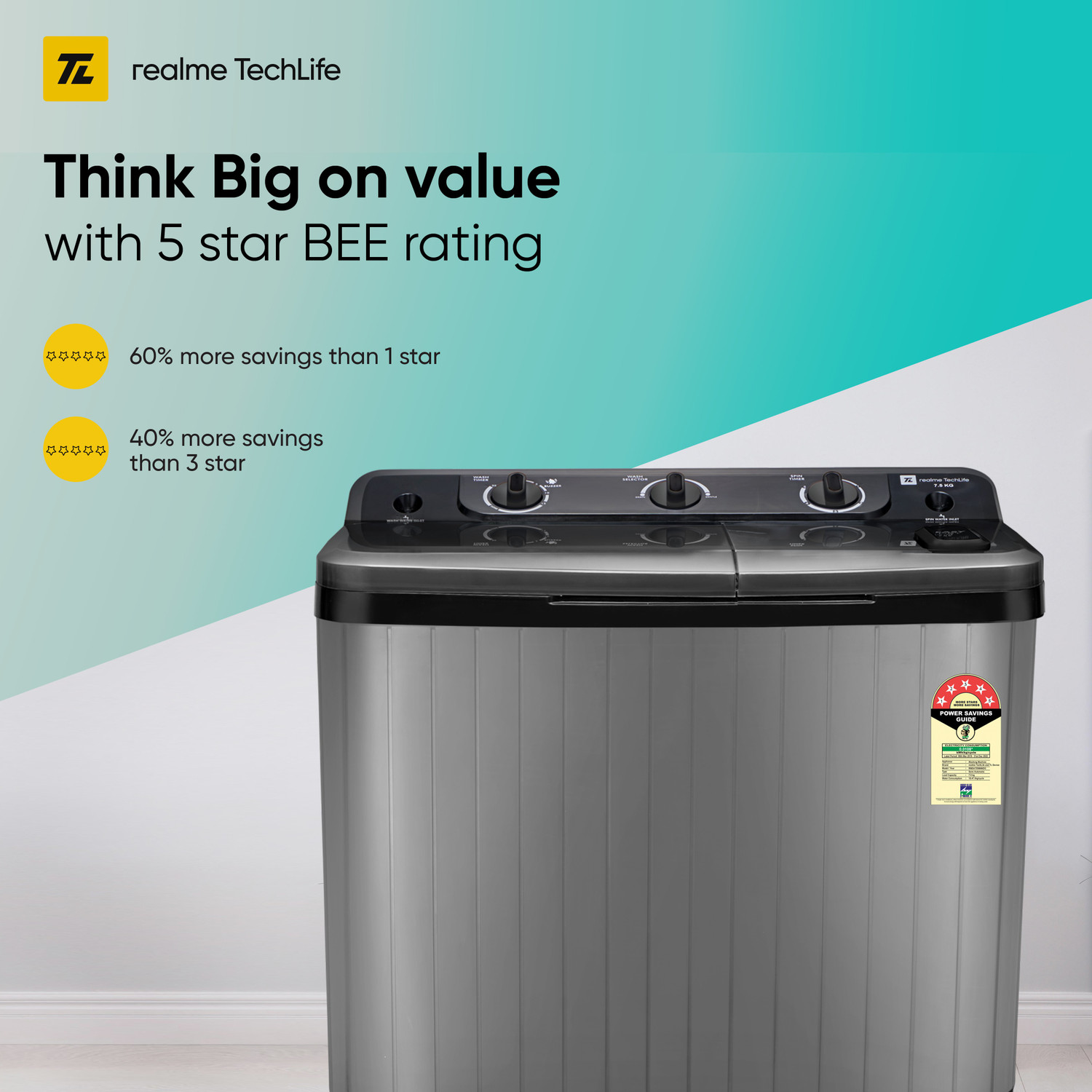 Image of realme TechLife 7.5 kg 5 Star Rating Semi Automatic Top Load Washing Machine Black, Grey
