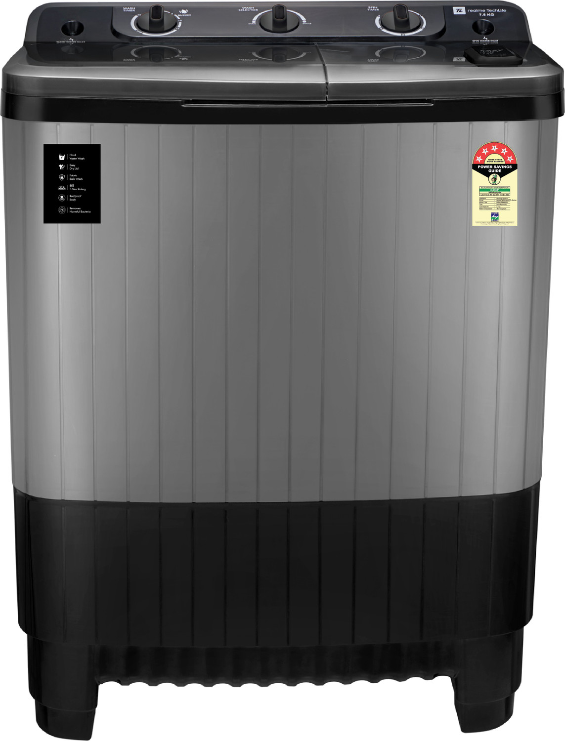 Image of realme TechLife 7.5 kg 5 Star Rating Semi Automatic Top Load Washing Machine Black, Grey