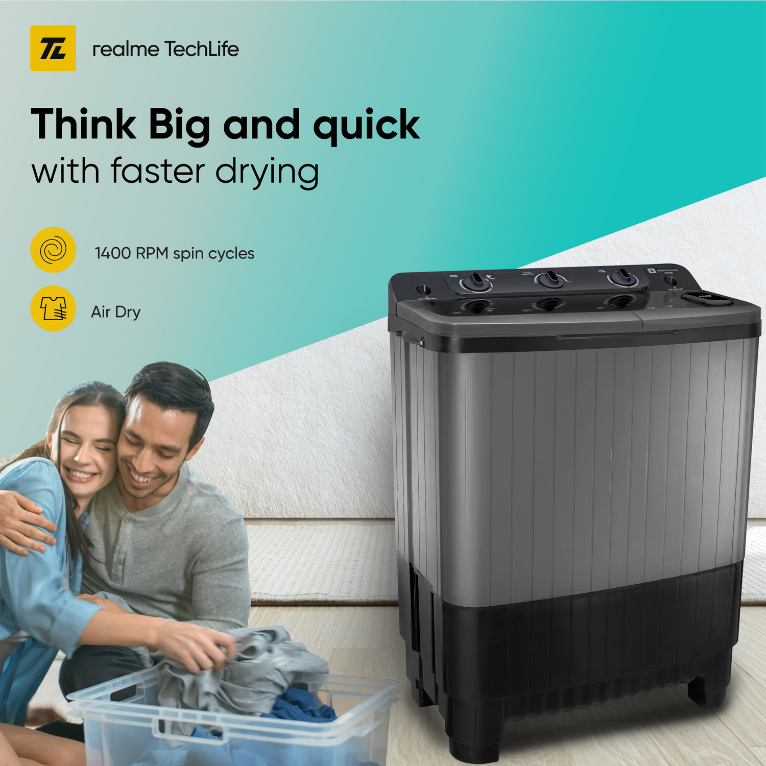 Image of realme TechLife 7.5 kg 5 Star Rating Semi Automatic Top Load Washing Machine Black, Grey