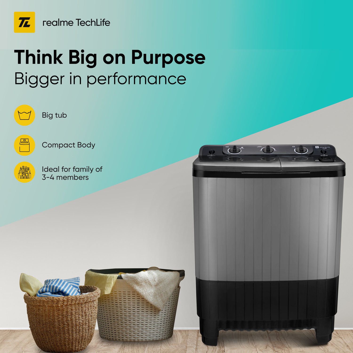 Image of realme TechLife 7.5 kg 5 Star Rating Semi Automatic Top Load Washing Machine Black, Grey