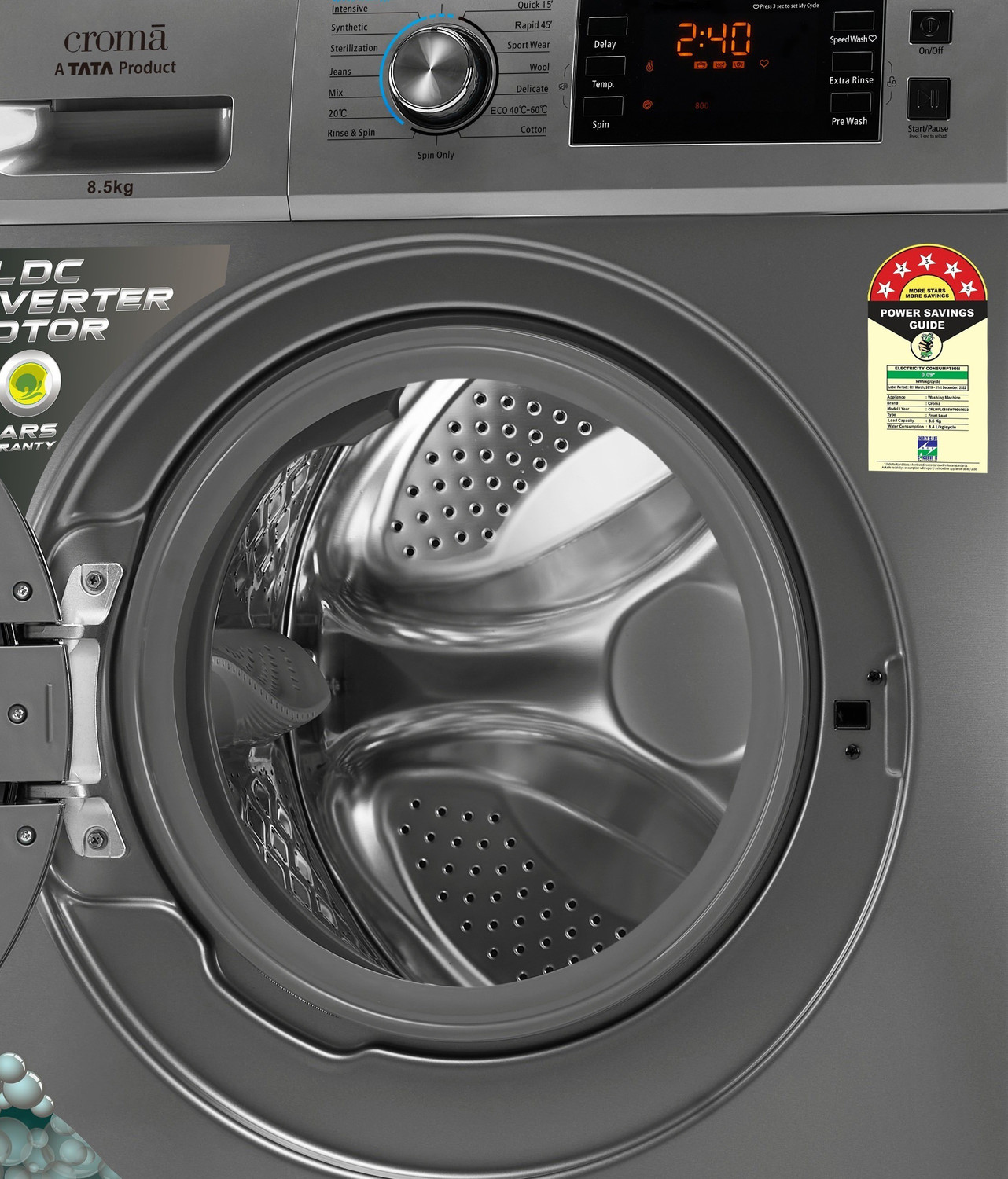 Image of Croma 8.5 kg Fully Automatic Front Load Washing Machine with In-built Heater Grey