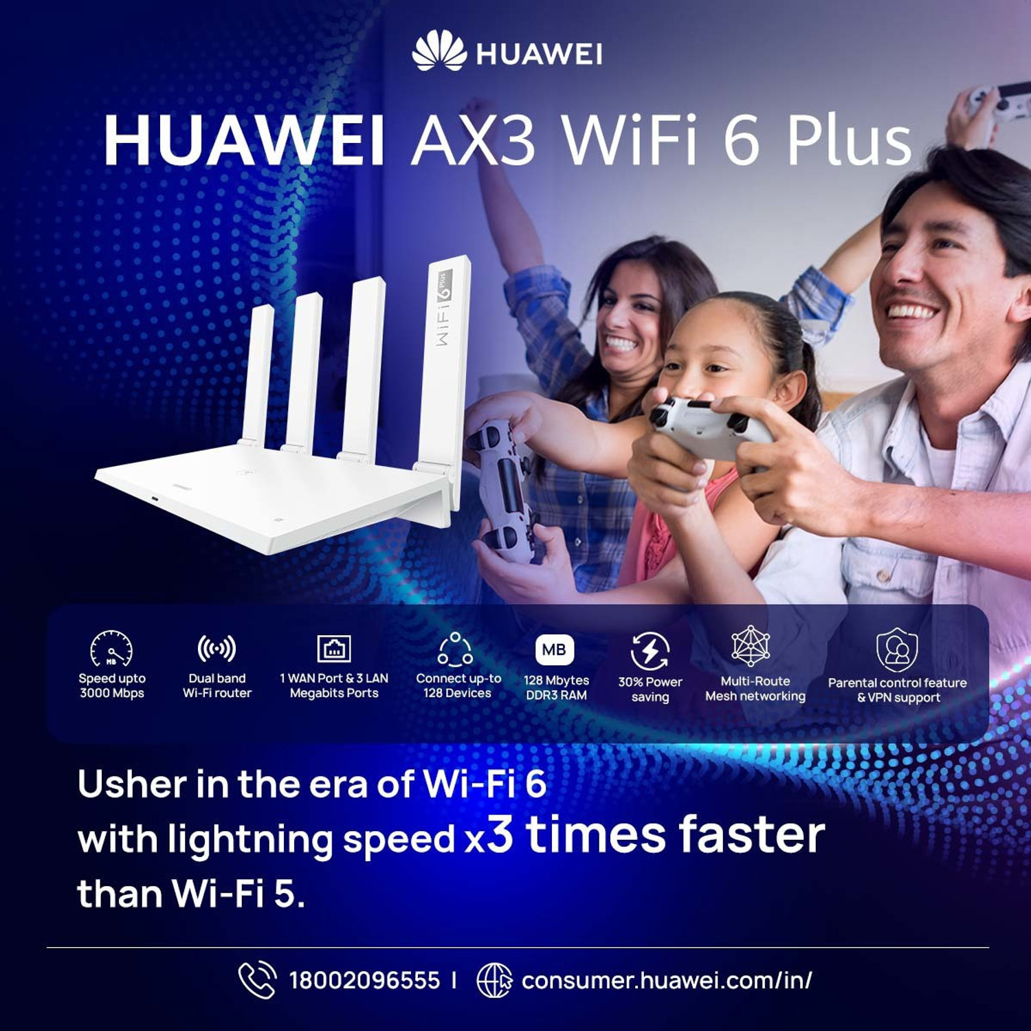 Image of Huawei AX3 WS7100 Wi-Fi 6 Router 2.4 GHz, 5 GHz 3000 Mbps Wifi Speed Dual Band Internal & External Antenna ADSL (Telephone), Ethernet (Cable Broadband)