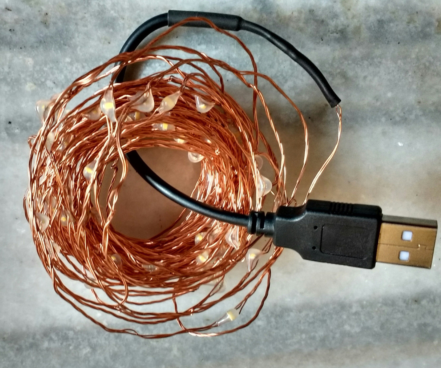 Image of Copper String LED light 5 MTR 50 LED USB Operated Decorative Lights 50 LEDs 5.3 m Yellow Steady Water Drop Rice Lights