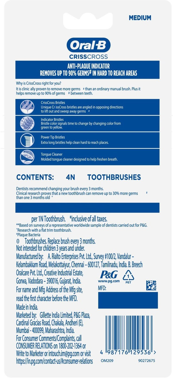 Image of Oral-B Crisscross Deep Clean, Family value pack of 4 Medium Toothbrush