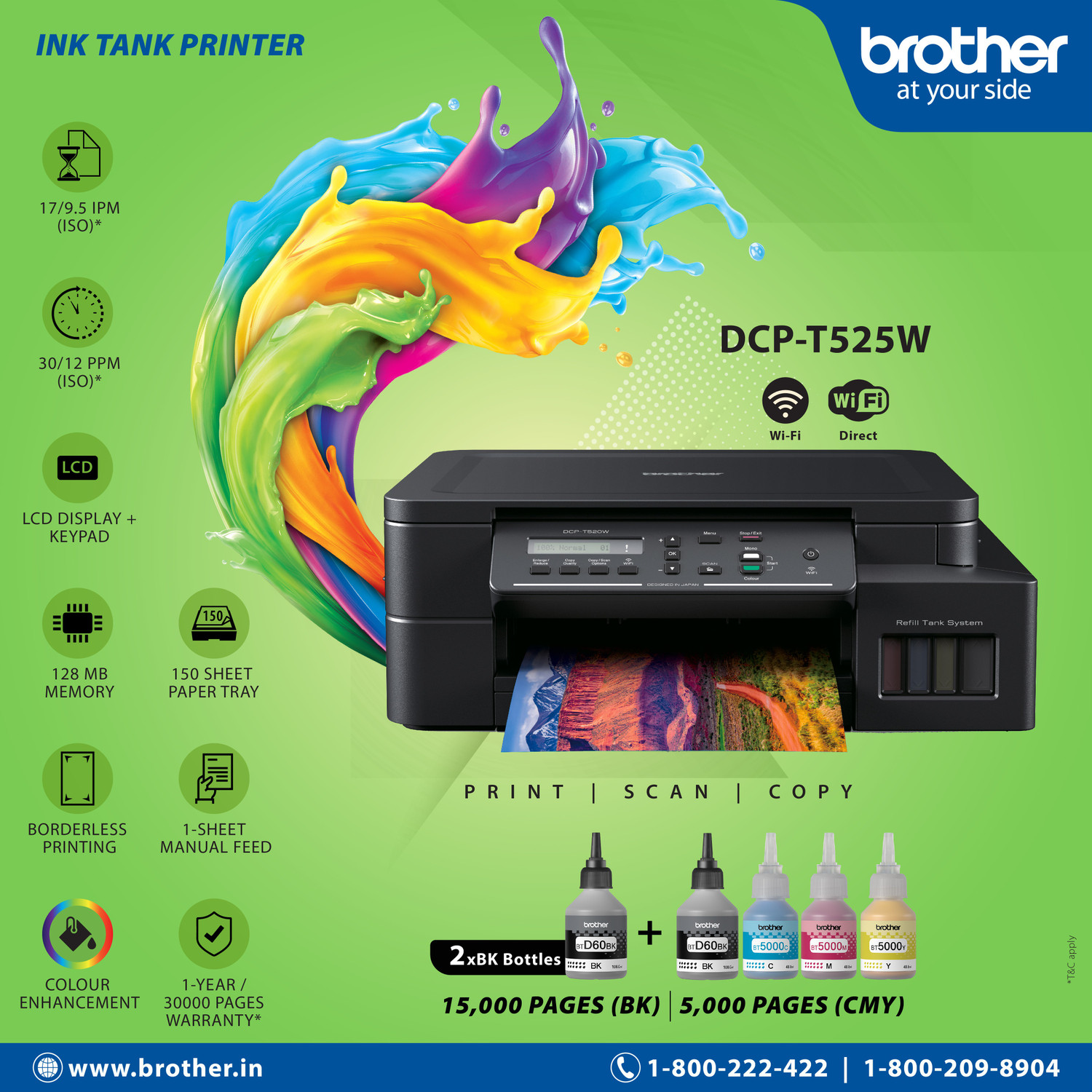 Image of brother DCP-T525W All-in-One Refill Multi-function WiFi Color Ink Tank Printer (Borderless Printing) ideal for Home & Office Usage with 1 Additional Black Ink Bottle