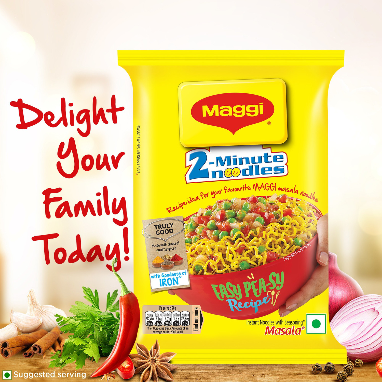 Image of Maggi 2-Minute Favourite Masala Taste, Made With Choicest Quality Spices Instant Noodles Vegetarian