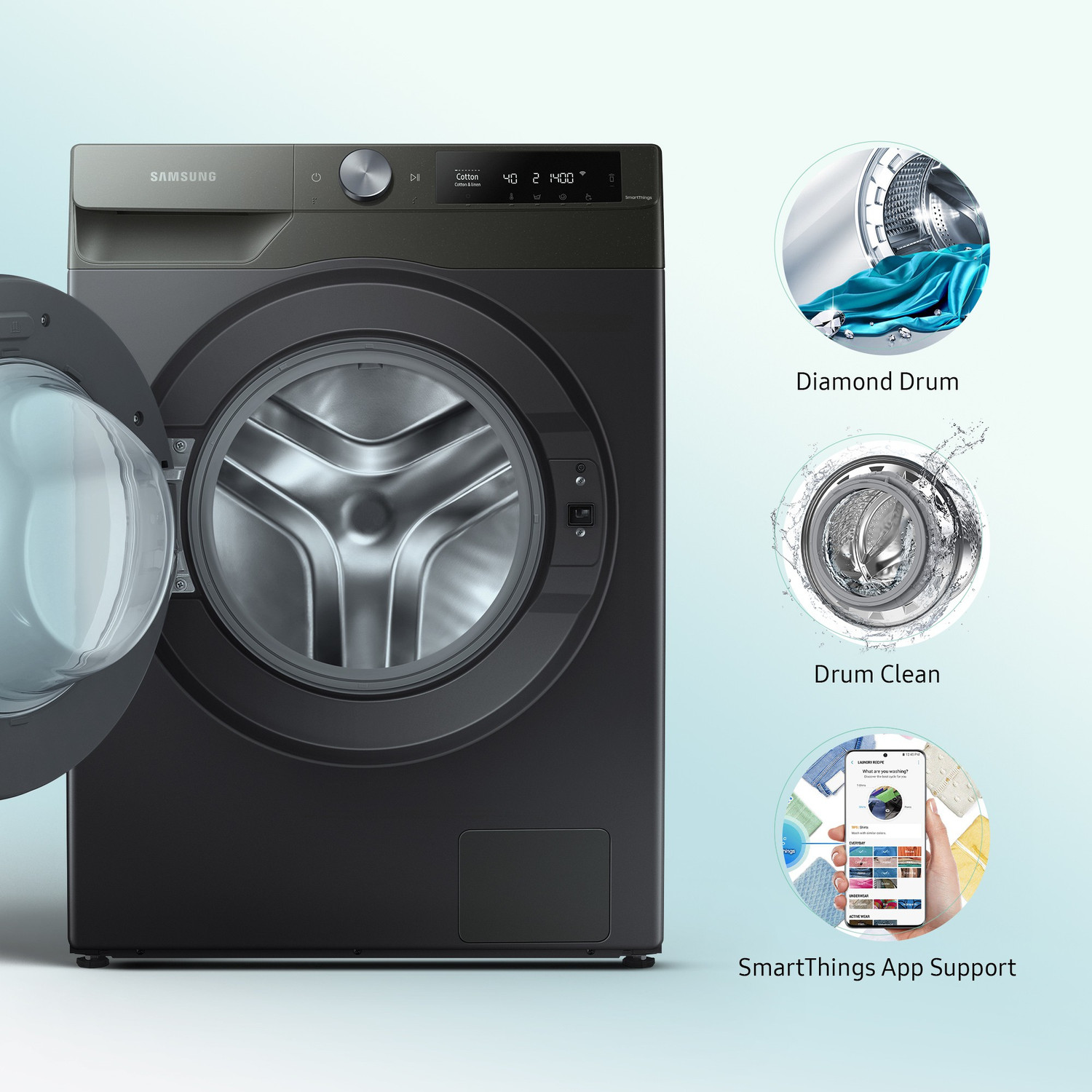 Image of Samsung 9 kg 5 Star, Eco Bubble Technology with Super Speed, AI Control , Wi-Fi Enabled , Digital Inverter Motor,Hygiene Steam, Fully Automatic Front Load Washing Machine with In-built Heater Black