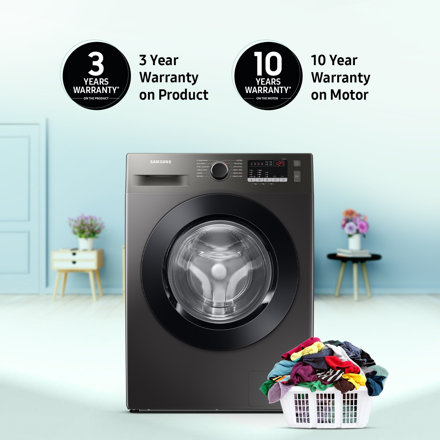 Image of Samsung 9 kg 5 Star, Digital Inverter Motor, Hygiene Steam, Fully Automatic Front Load Washing Machine Black