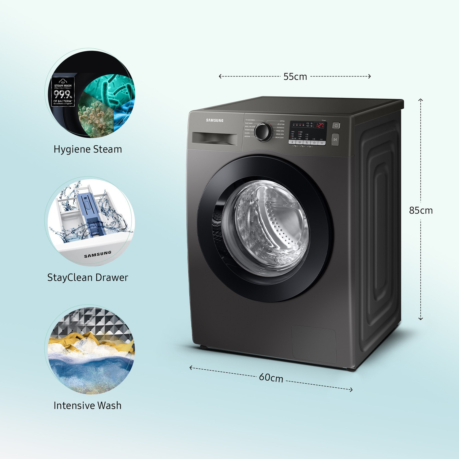 Image of Samsung 9 kg 5 Star, Digital Inverter Motor, Hygiene Steam, Fully Automatic Front Load Washing Machine Black