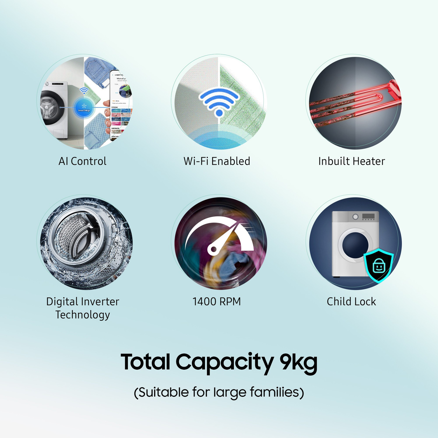 Image of Samsung 9 kg 5 Star, Eco Bubble Technology with Super Speed, AI Control , Wi-Fi Enabled , Digital Inverter Motor,Hygiene Steam, Fully Automatic Front Load Washing Machine with In-built Heater Black