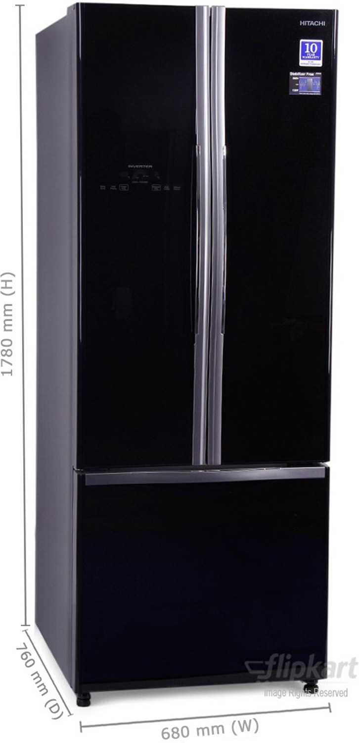 Image of Hitachi 456 L Frost Free French Door Bottom Mount Inverter Technology Star Refrigerator (Glass Black, R-WB480PND2 GBK)