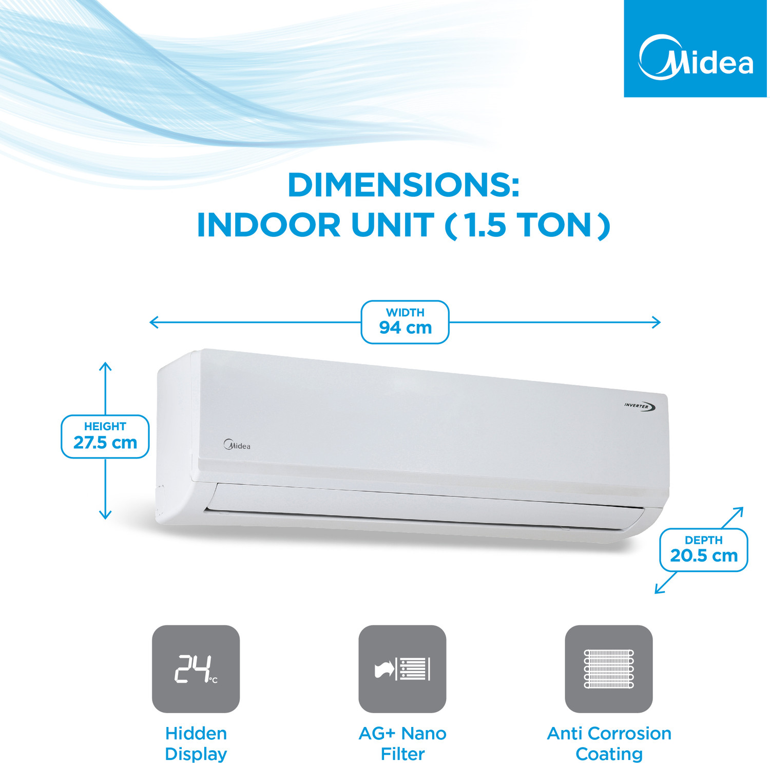 Image of Midea 2023 Model 1.5 Ton 5 Star Split Inverter with Wi-fi HD Filter with 2 Way Air Directional Control,Gear Function for convertible cooling, Auto Cleanser, Intelligent CRF Alert, Voice Enabled AC