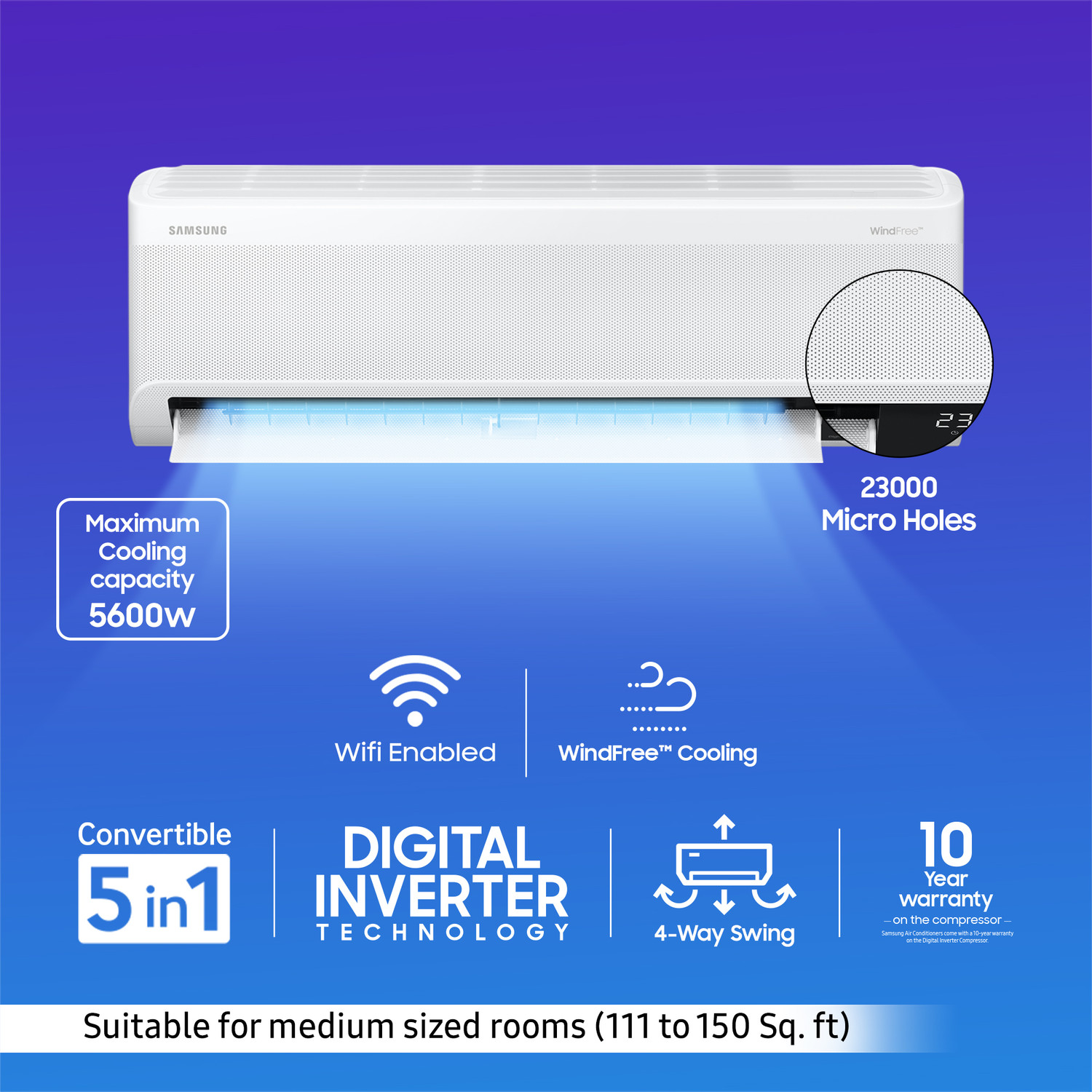 Image of Samsung 2024 Model 1.5 Ton 3 Star Split Inverter with Wi-fi WindFree Technology AC