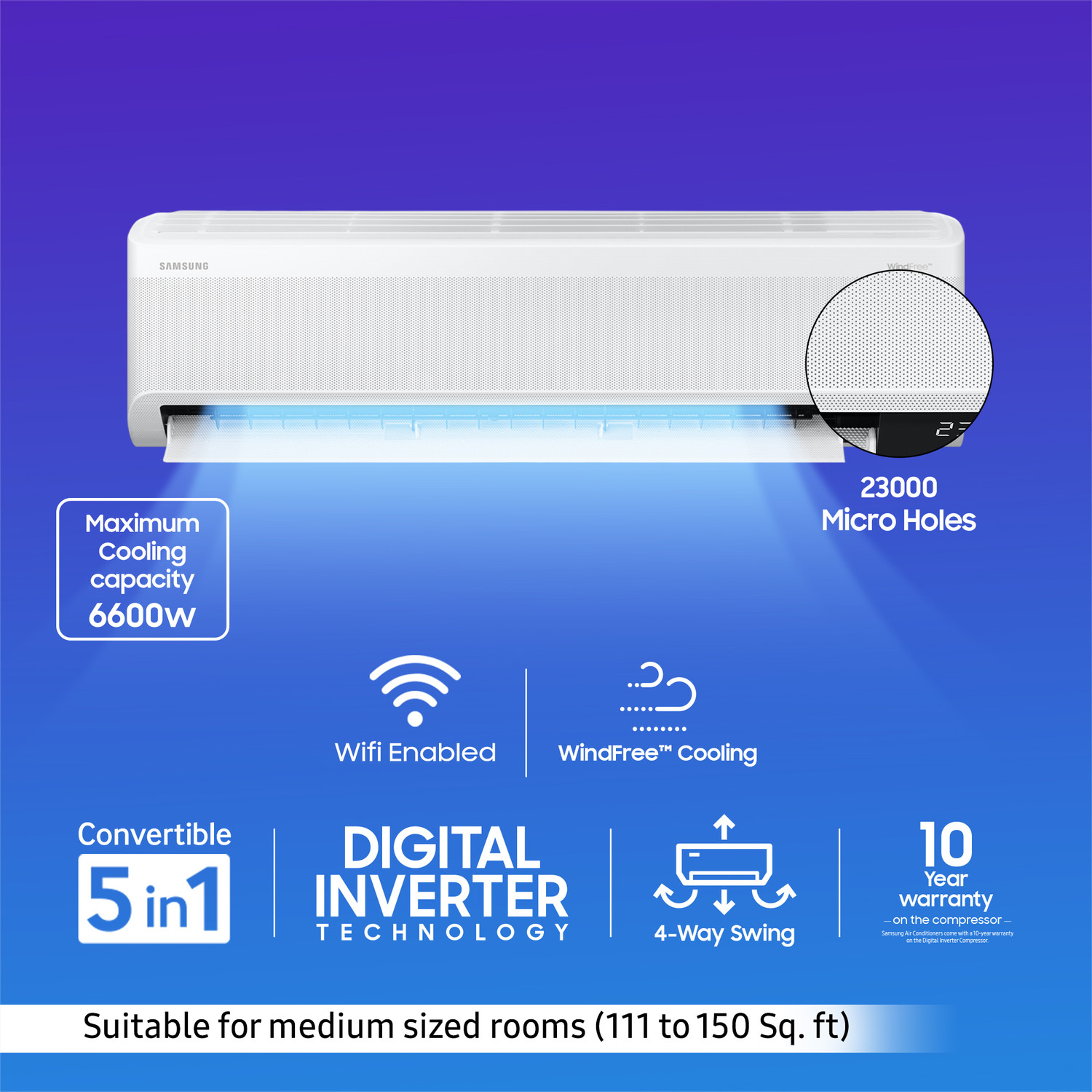 Image of Samsung 2023 Model 1.5 Ton 5 Star Split Inverter with Wi-fi WindFree Technology AC