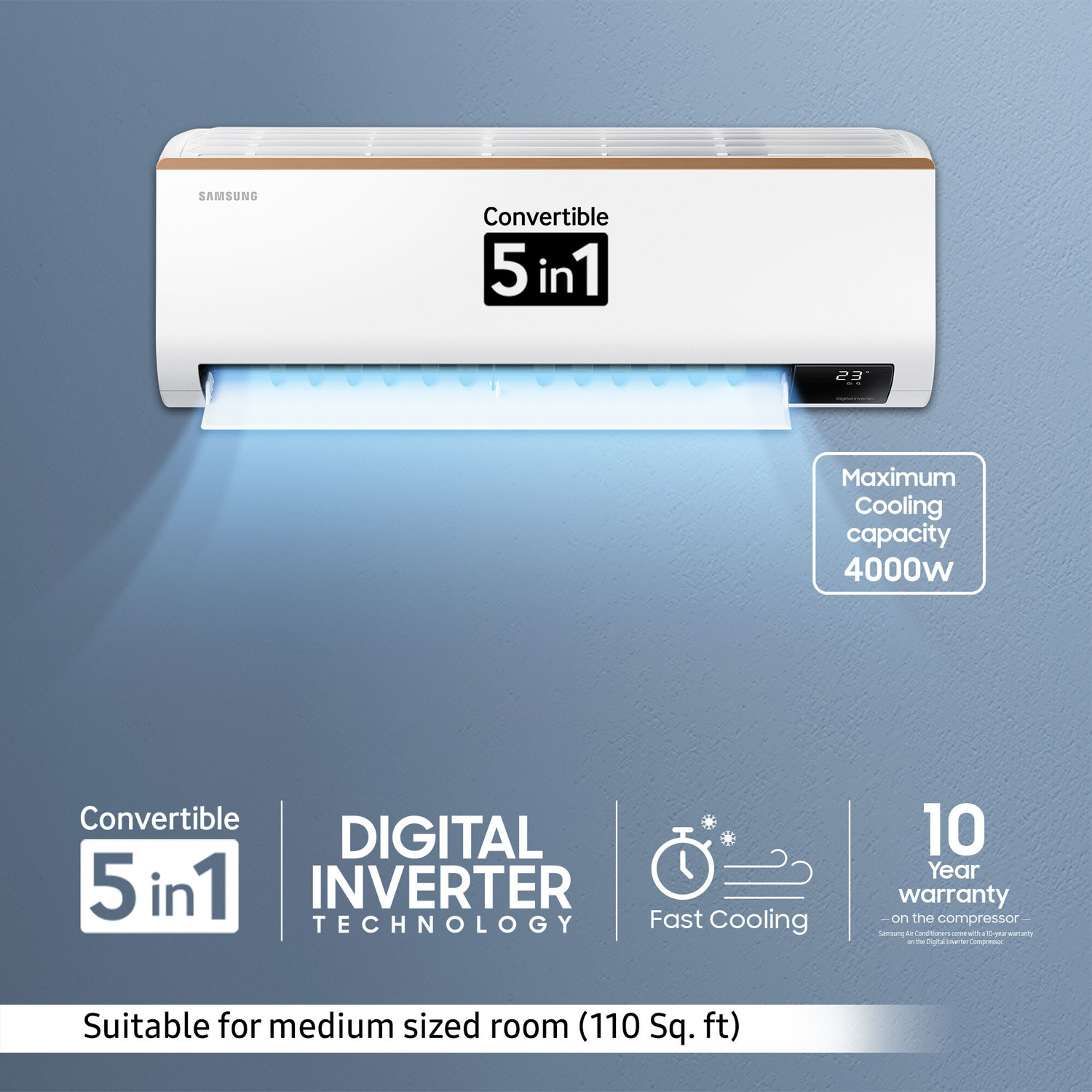 Image of SAMSUNG 2023 Model 1 Ton 5 Star Split Inverter AC - White (AR12CY5ZAGD /AR12CY5ZAGDNNA /AR12CY5ZAGDXNA, Copper Condenser)