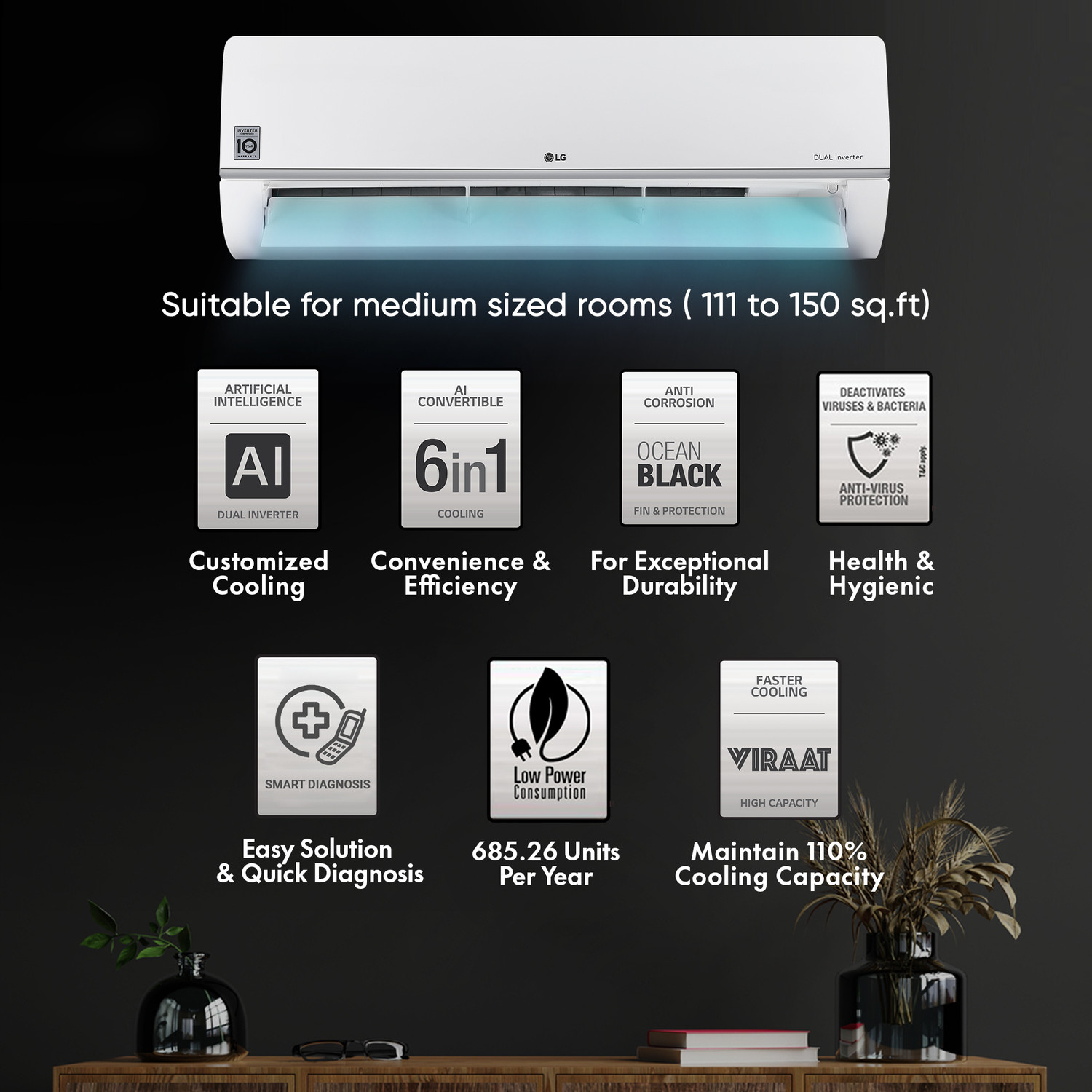 Image of LG 2023 Model 1.5 Ton 5 Star Split Inverter AI Convertible 6-in-1 Cooling , HD Filter with Anti-Virus Protection AC