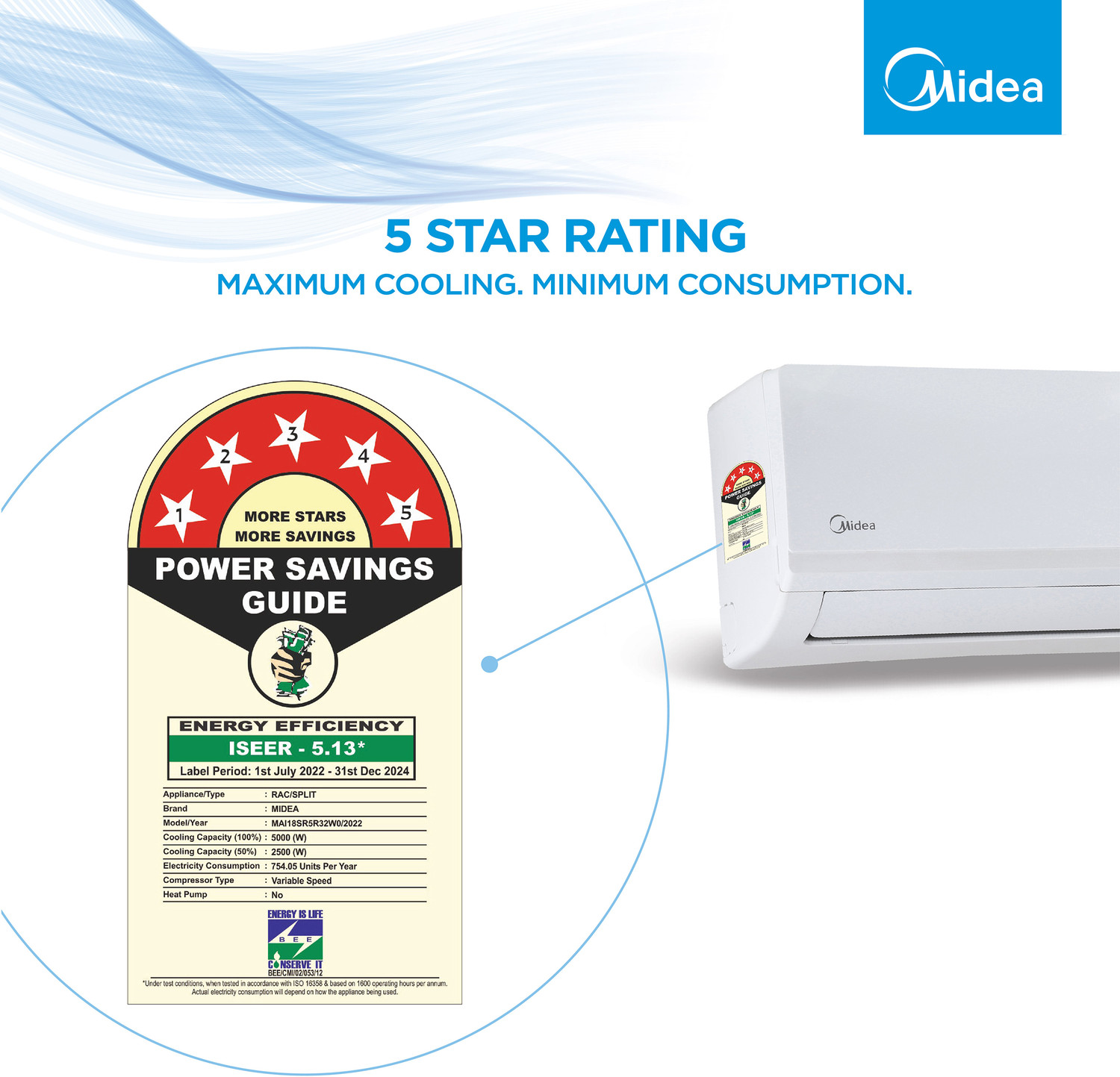 Image of Midea 2023 Model 1.5 Ton 5 Star Split Inverter with Wi-fi HD Filter with 2 Way Air Directional Control,Gear Function for convertible cooling, Auto Cleanser, Intelligent CRF Alert, Voice Enabled AC