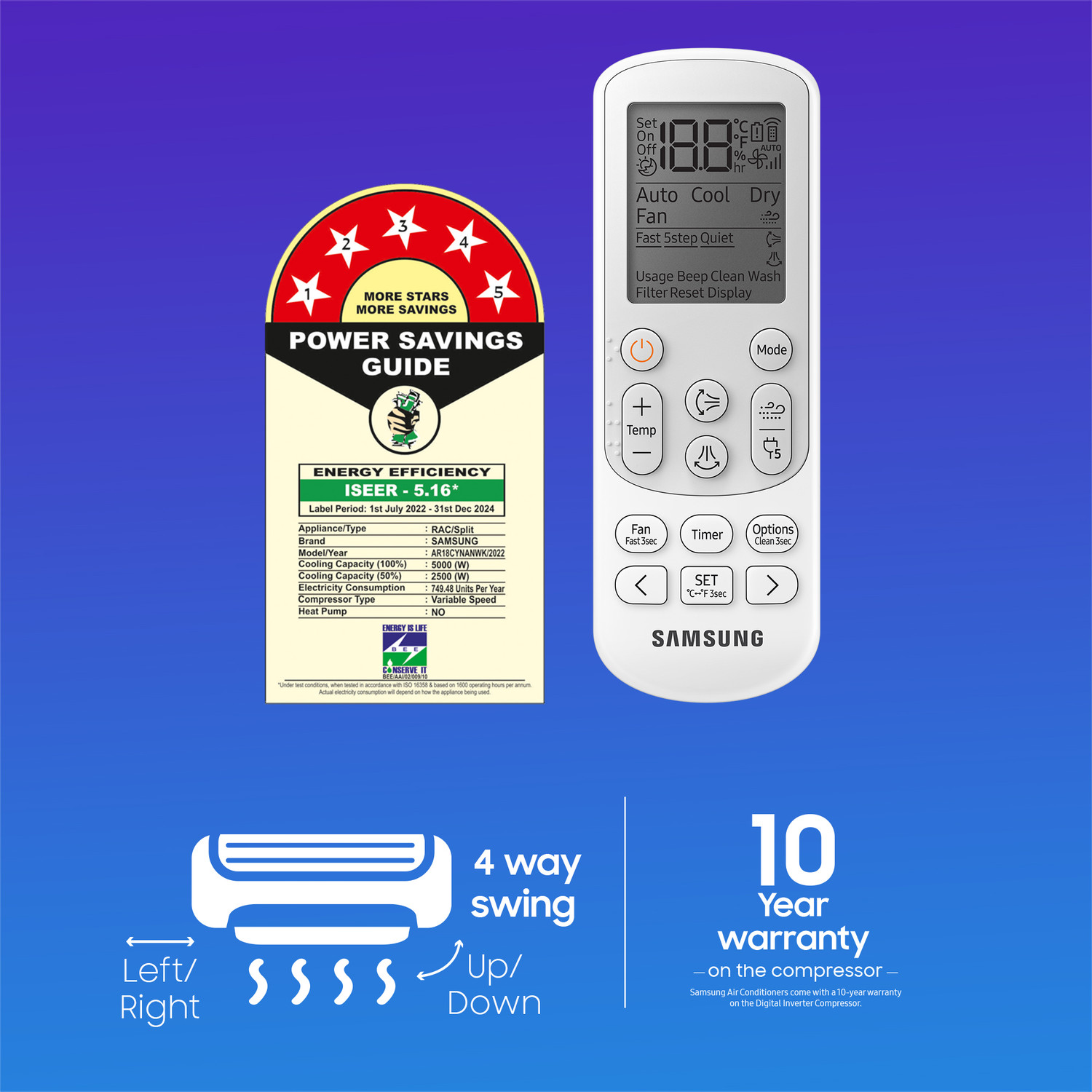 Image of Samsung 2023 Model 1.5 Ton 5 Star Split Inverter with Wi-fi WindFree Technology AC