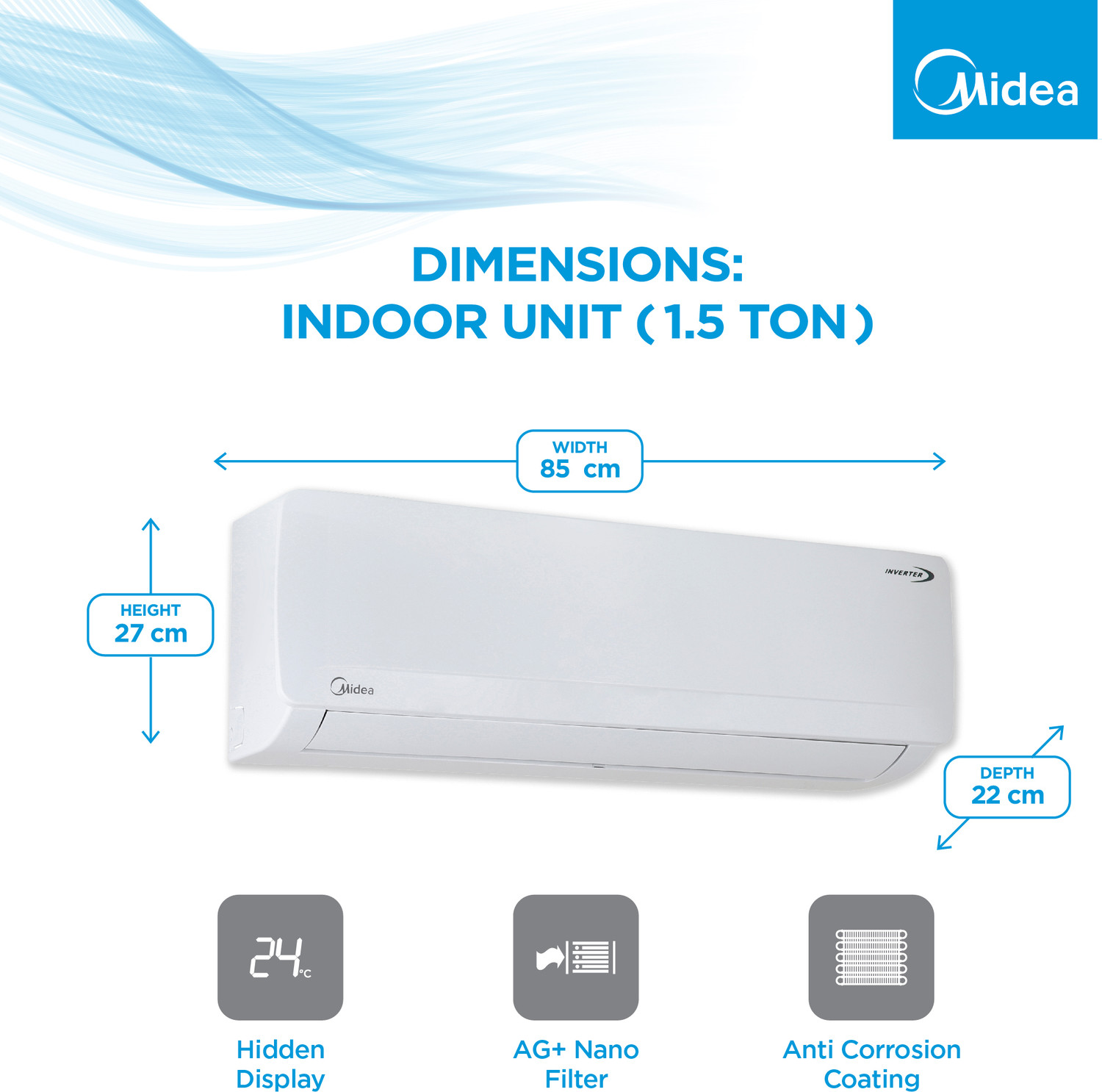 Image of Midea 2023 Model 1.5 Ton 3 Star Split Inverter HD Filter with 2 Way Air Directional Control, Auto Cleanser, Intelligent CRF Alert AC