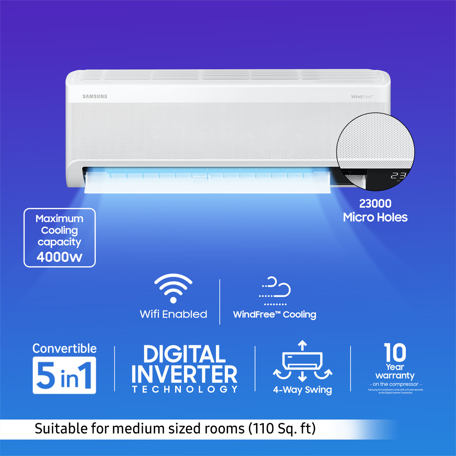 Image of Samsung 2023 Model 1 Ton 3 Star Split Inverter with Wi-fi WindFree Technology AC