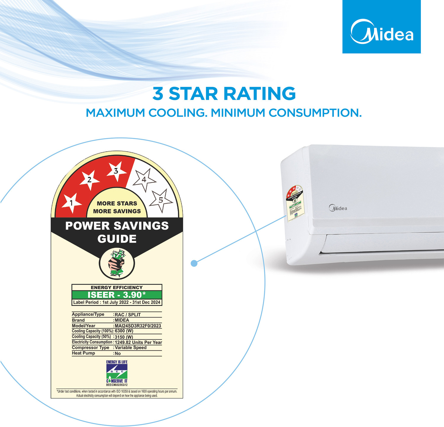 Image of Midea 2023 Model 2 Ton 3 Star Split Inverter HD Filter with 2 Way Air Directional Control, Auto Cleanser, Intelligent CRF Alert AC - White (MAI24SD3R32F0, Copper Condenser)