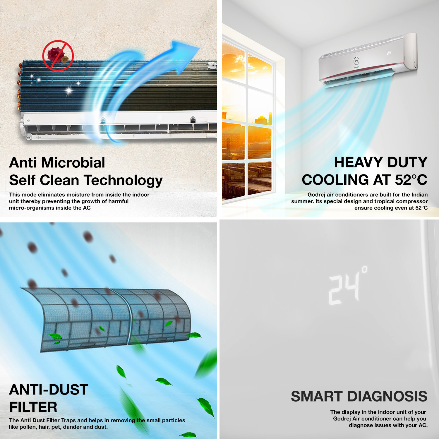 Godrej 4Way Air Swing 2023 Model 2 Ton 3 Star Split with AntiDust Filter AC White (SFC