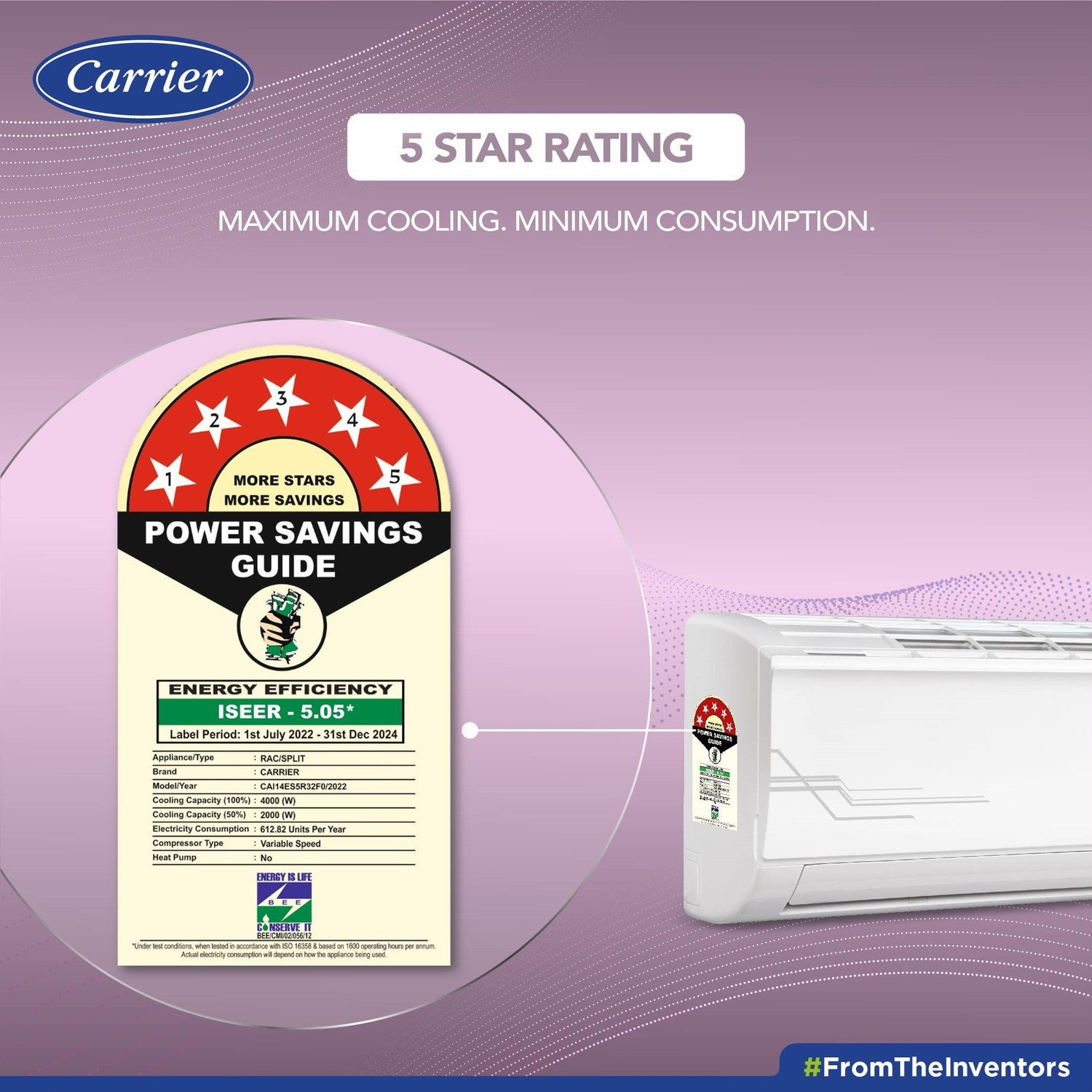 Image of CARRIER 1.2 Ton 5 Star Split Inverter AC - White (14K ESTER DXi INVERTER R32 SPLIT AC CAI14ES5R32F0, Copper Condenser)