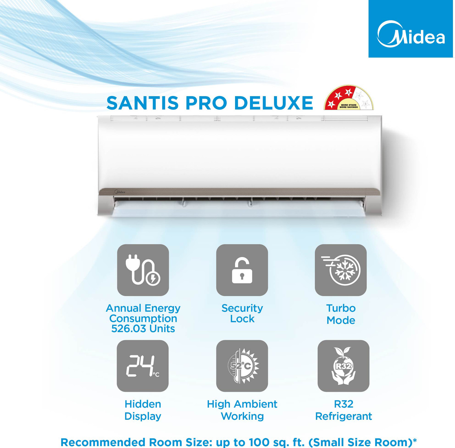 Image of Midea 2023 Model 0.8 Ton 3 Star Split Inverter Cold Catalyst Filter With Auto Cleanser AC - White (9K SANTIS PRO DELUXE INVERTER R32 SPLIT AC, Copper Condenser)